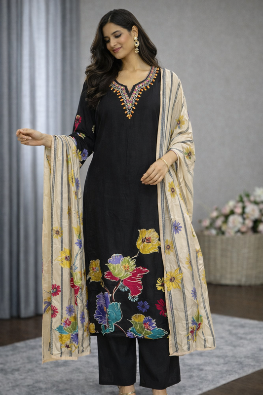 Black Nayara Cut Suit with Embroidery and Painted Dupatta