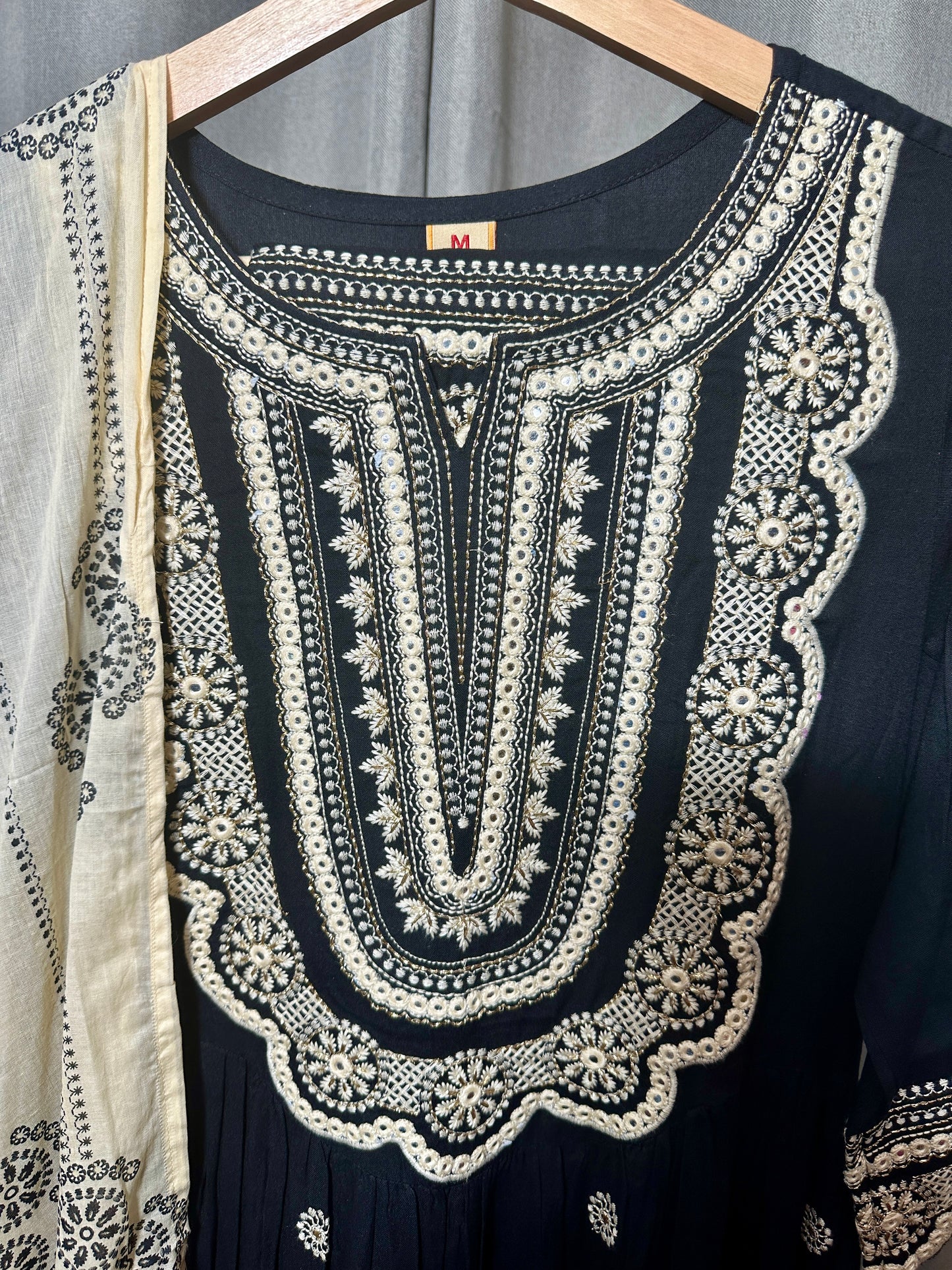 Black Nayara Cut Suit with Embroidery and Painted Dupatta