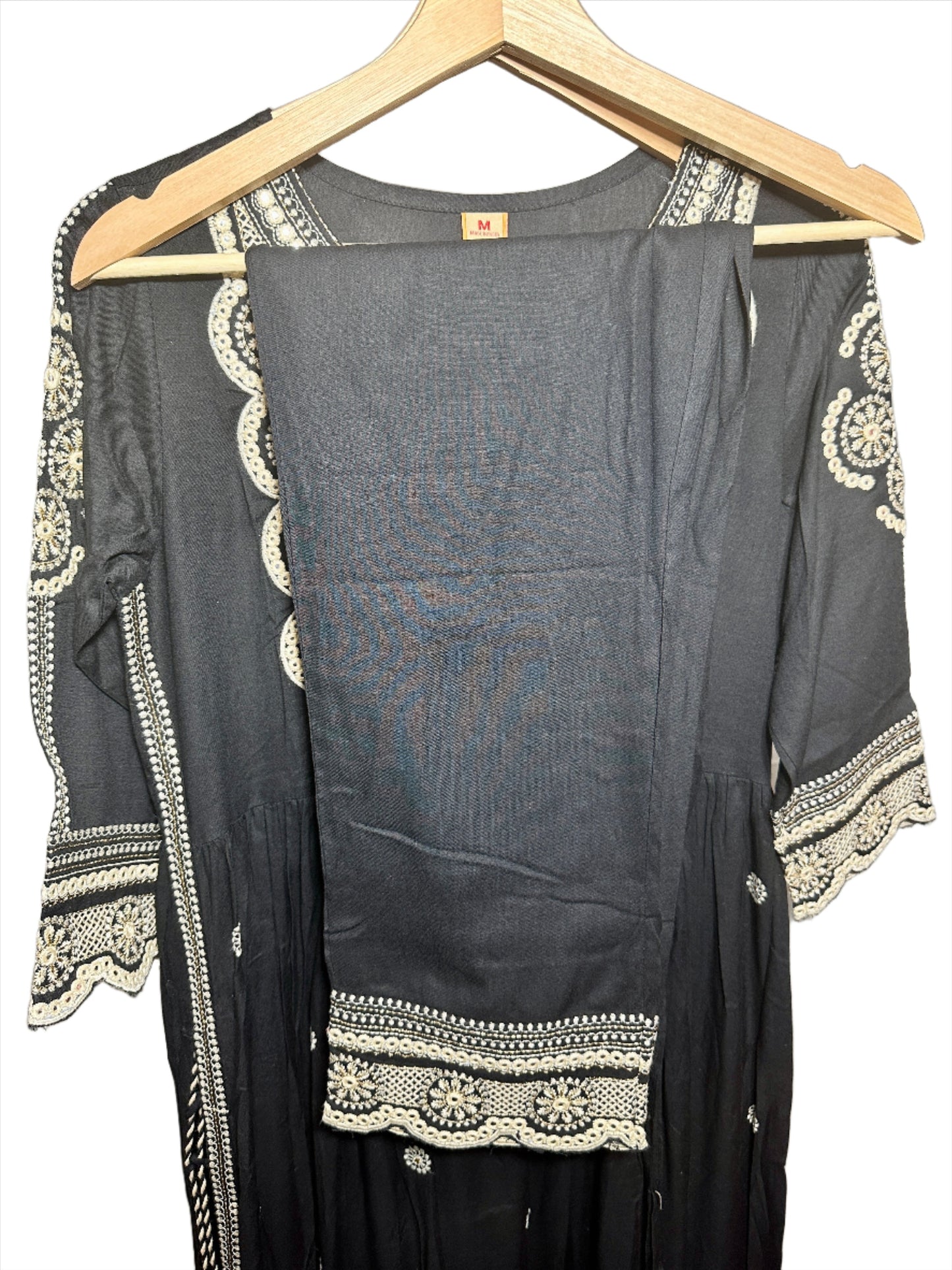 Black Nayara Cut Suit with Embroidery and Painted Dupatta