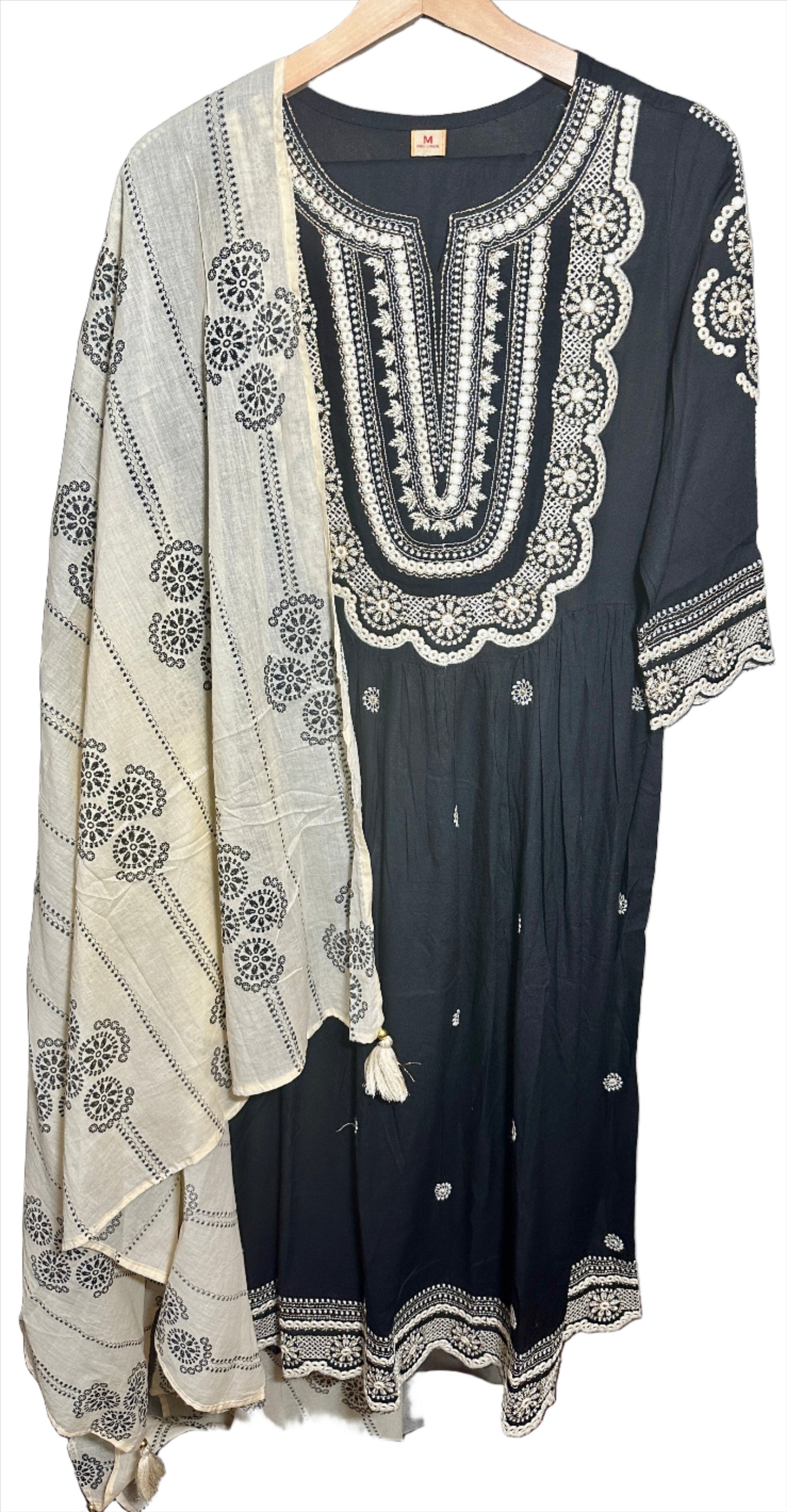 Black Nayara Cut Suit with Embroidery and Painted Dupatta