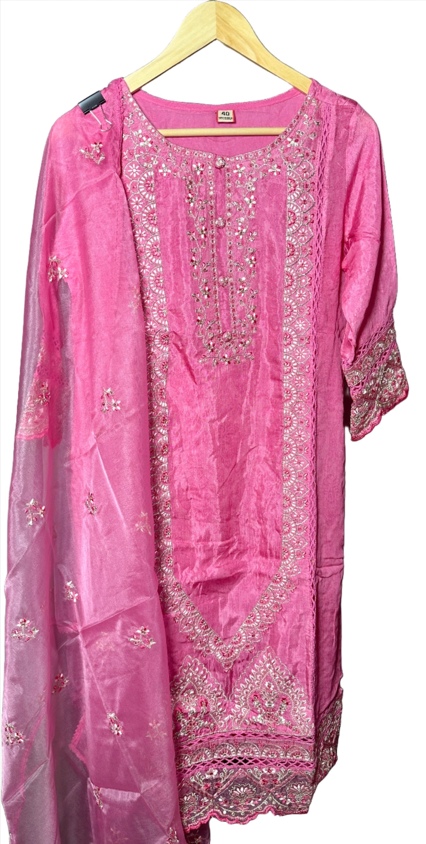 Pink Pakistani Style Silk Suit with Woven Organza Dupatta