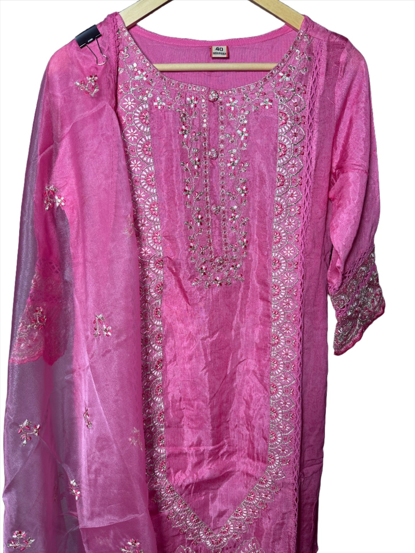 Pink Pakistani Style Silk Suit with Woven Organza Dupatta