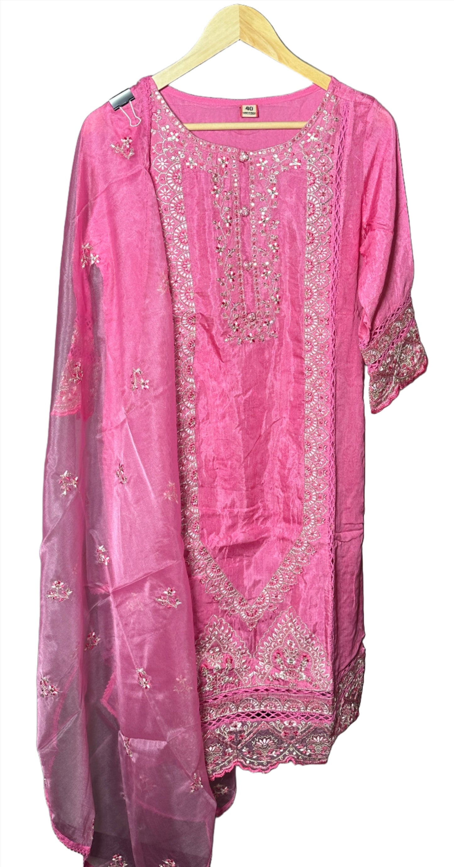 Pink Pakistani Style Silk Suit with Woven Organza Dupatta