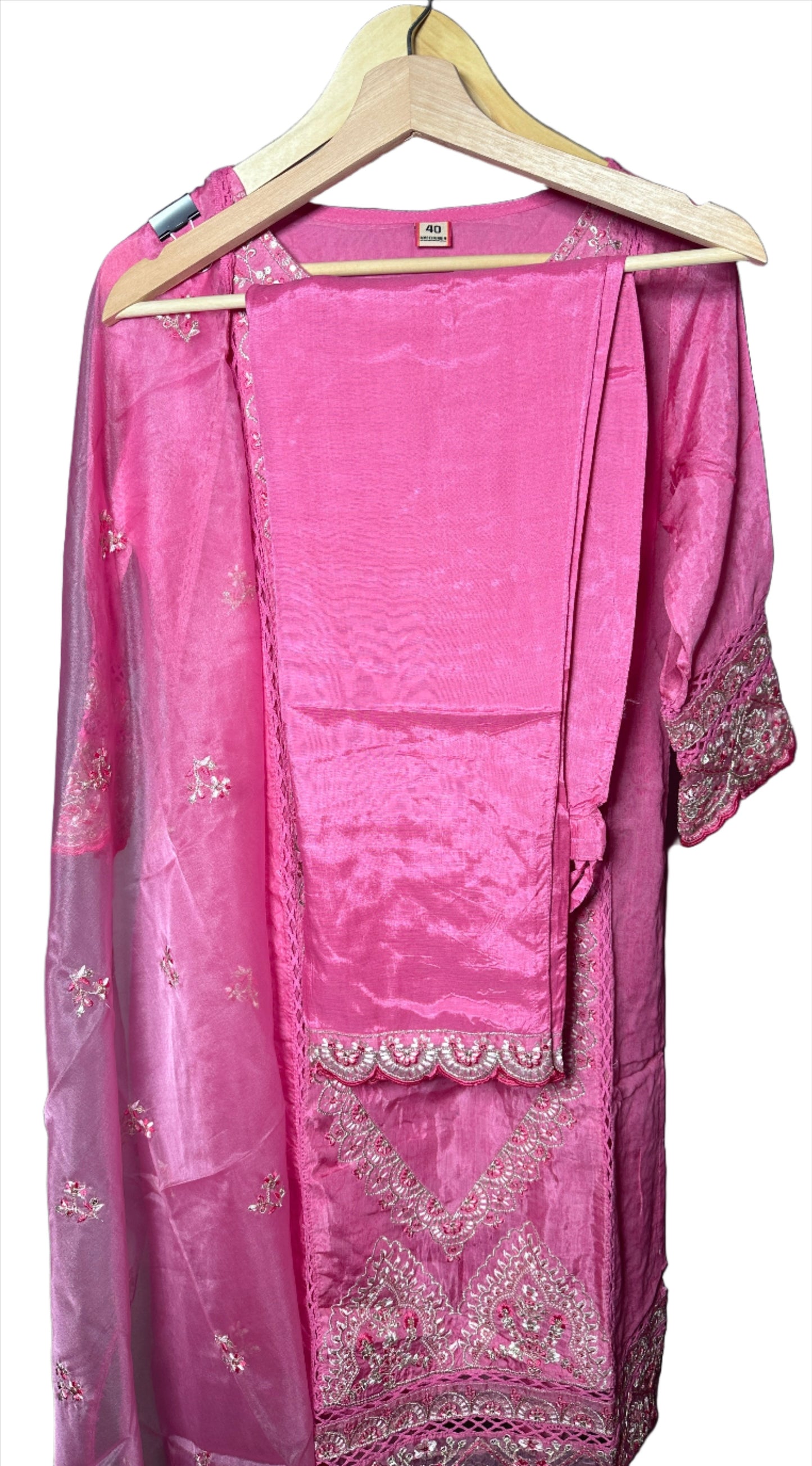 Pink Pakistani Style Silk Suit with Woven Organza Dupatta