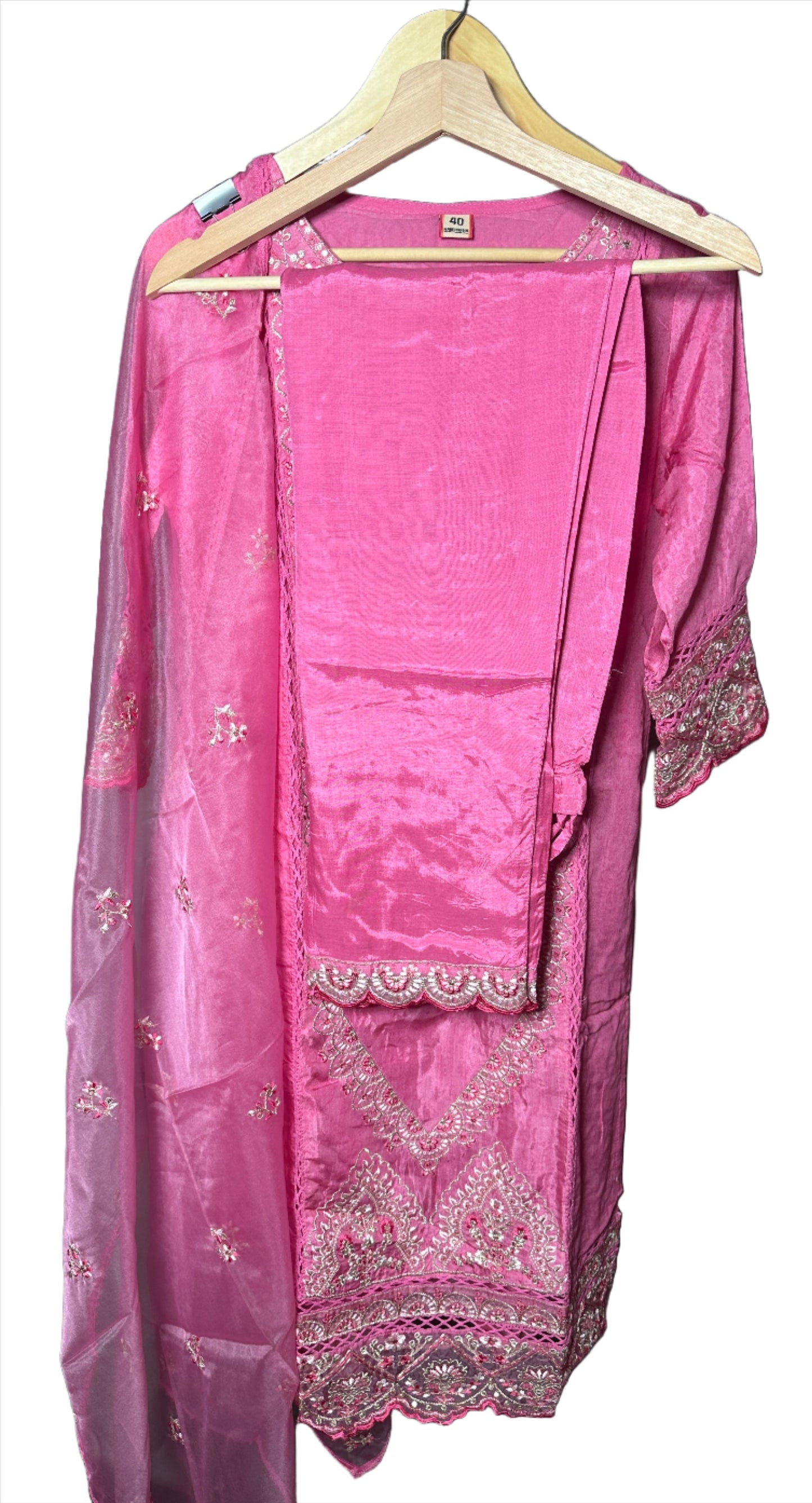 Pink Pakistani Style Silk Suit with Woven Organza Dupatta