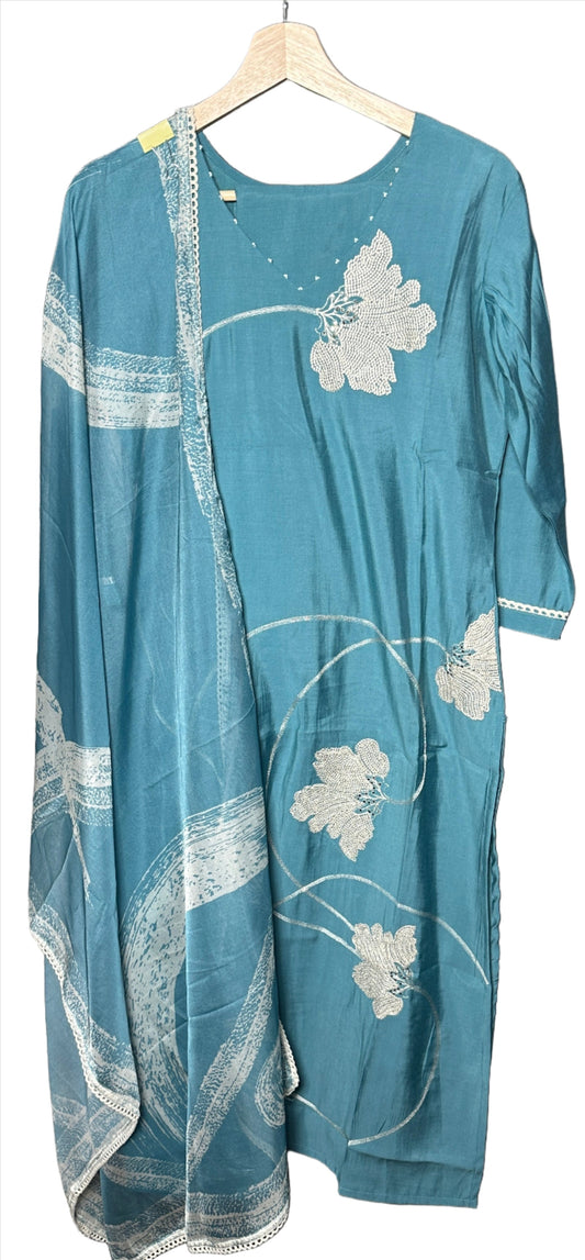 Dola Silk Suit with Embroidered Floral Patta and Organza Dupatta