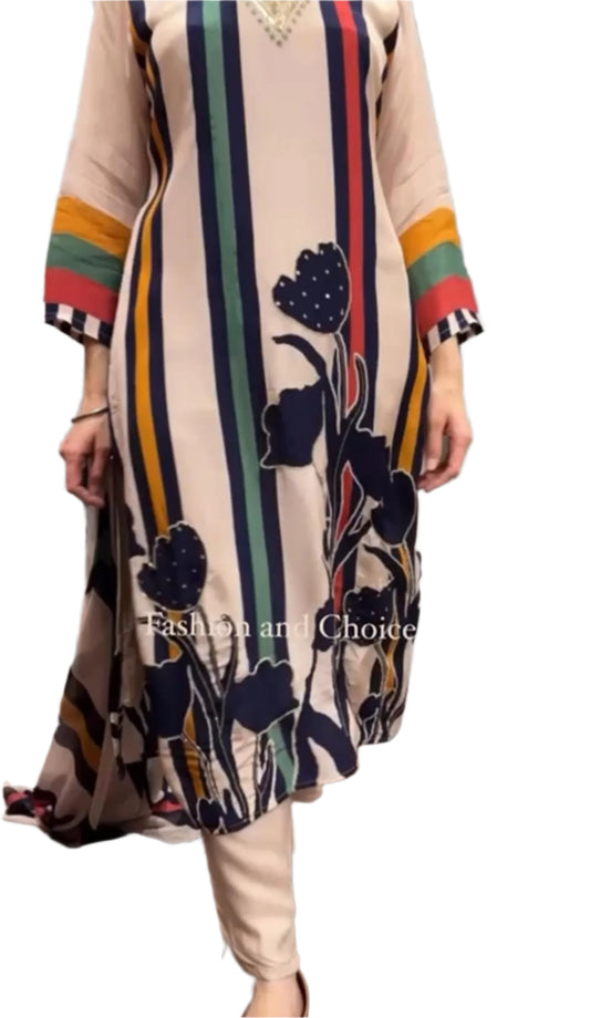 Blossom Lines – Three-Line Pattern Suit with Floral Print and Embroidery
