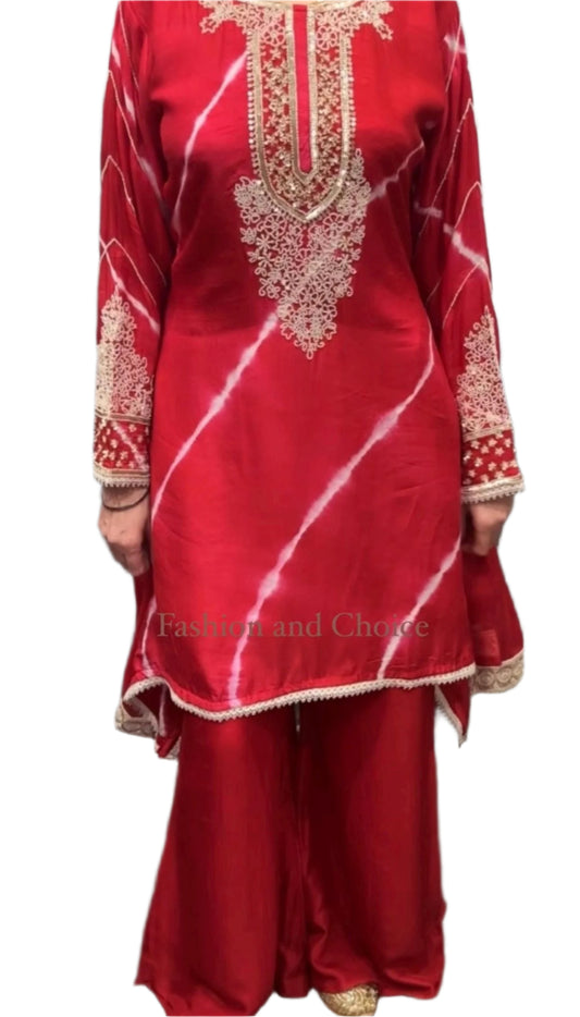 Dola Silk Red Palazzo Suit with White Pearl & Golden Sequin Work – Party Wear Designer Suit