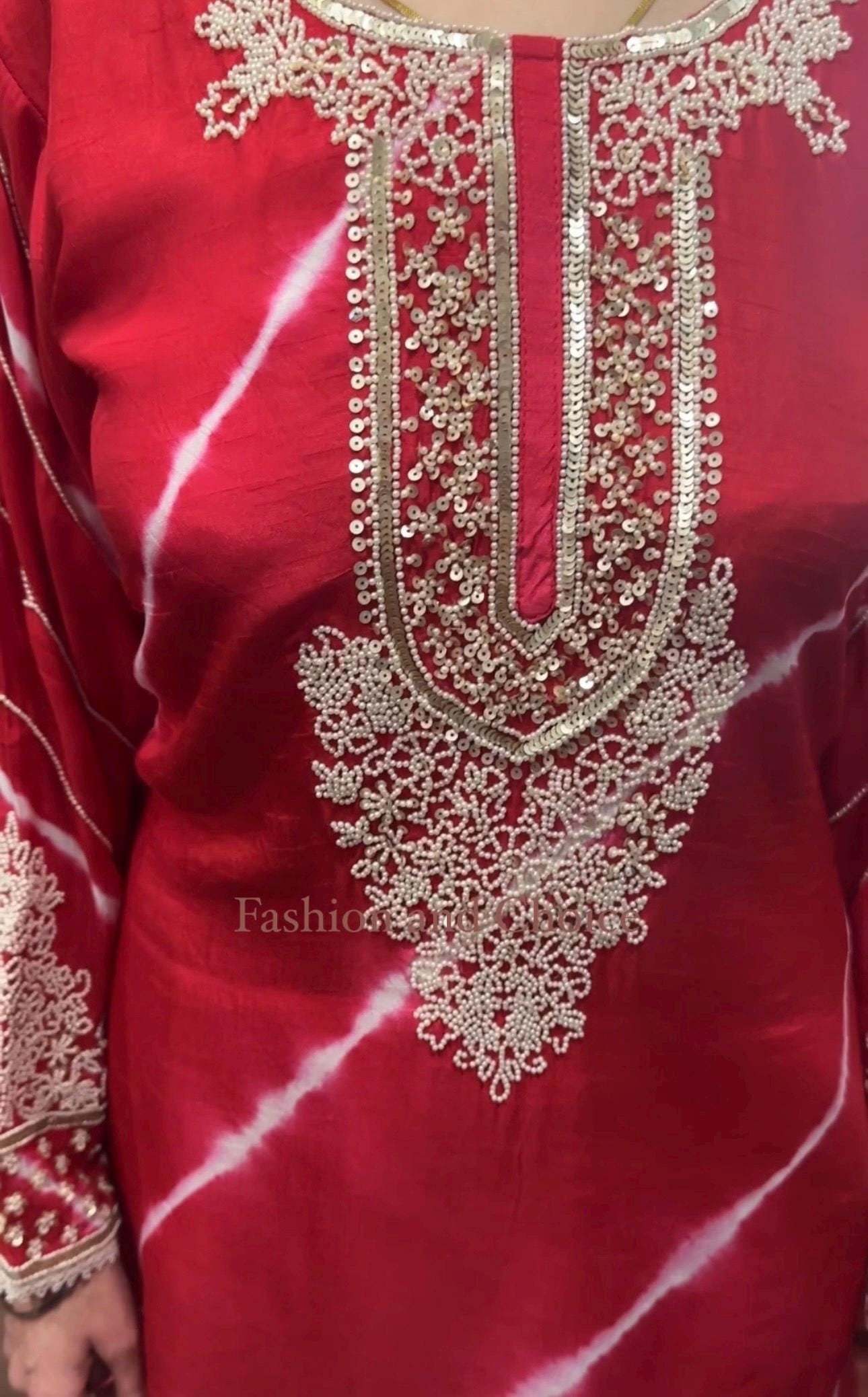 Dola Silk Red Palazzo Suit with White Pearl & Golden Sequin Work – Party Wear Designer Suit