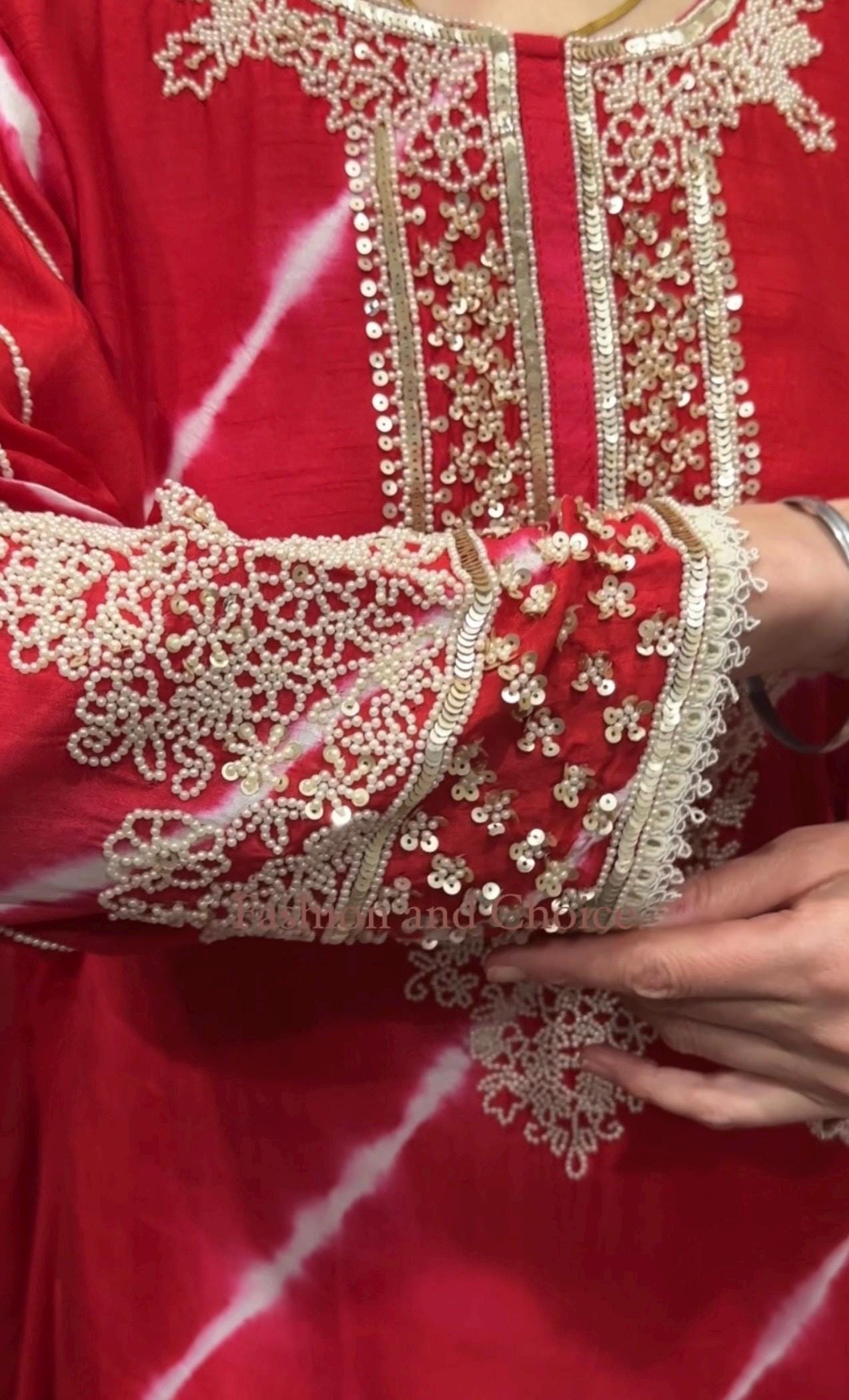 Dola Silk Red Palazzo Suit with White Pearl & Golden Sequin Work – Party Wear Designer Suit
