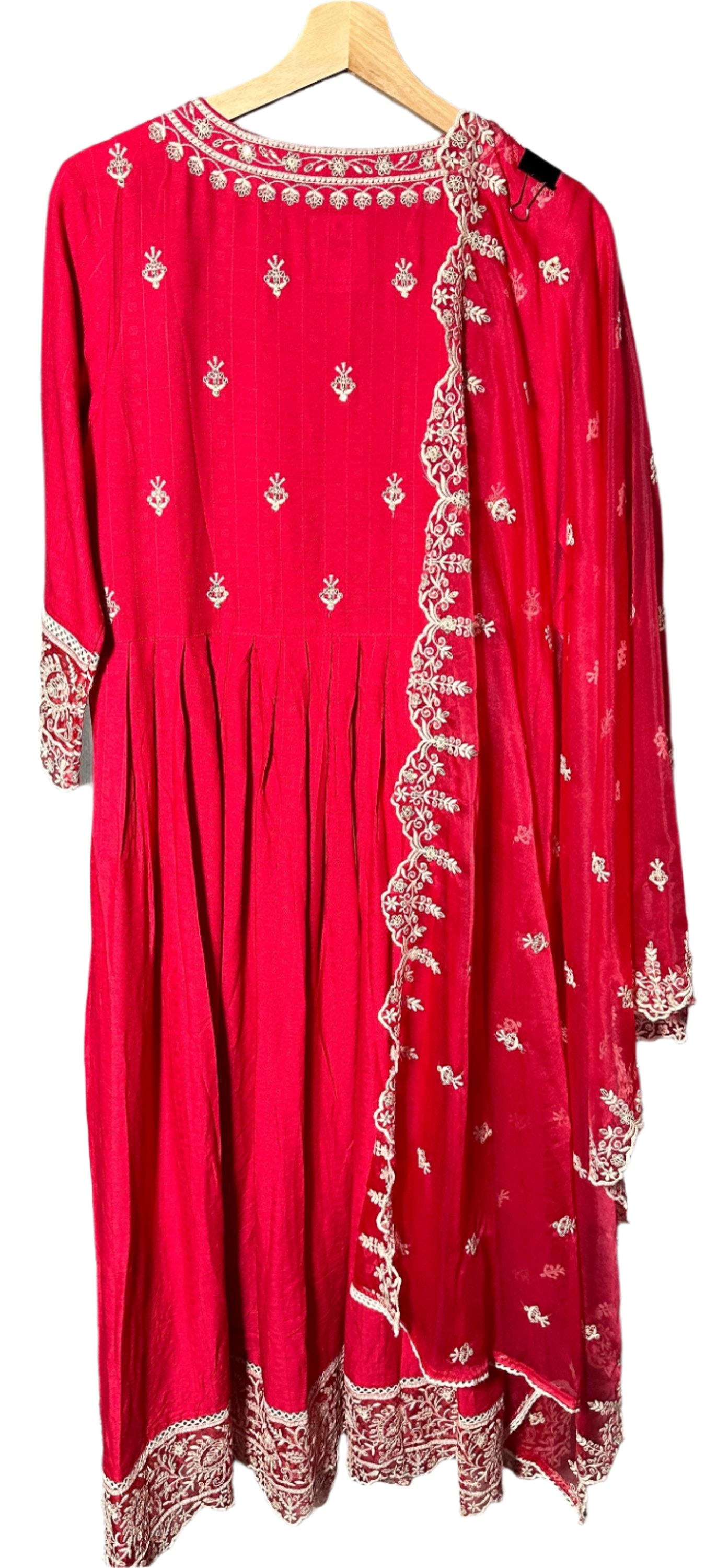 Elegant Red Anarkali Suit with Designer Pants Weaved Organza Dupatta – Embroidered with Sequin Work