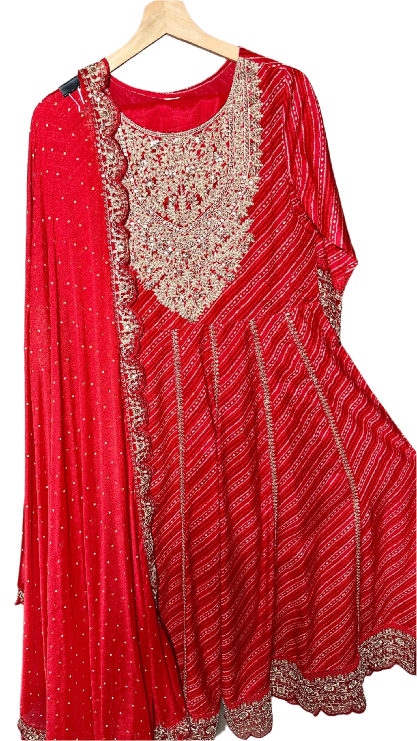 Red Bandhani Style Anarkali Suit with Designer Pants Embroidered Dupatta Elegant Party Wear