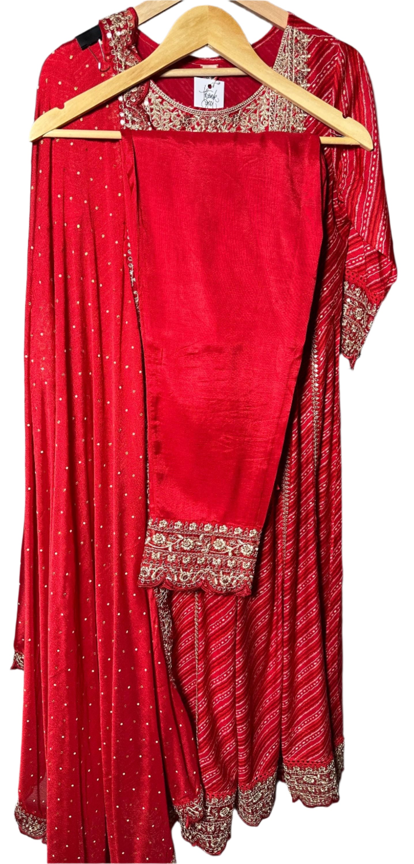 Red Bandhani Style Anarkali Suit with Designer Pants Embroidered Dupatta Elegant Party Wear