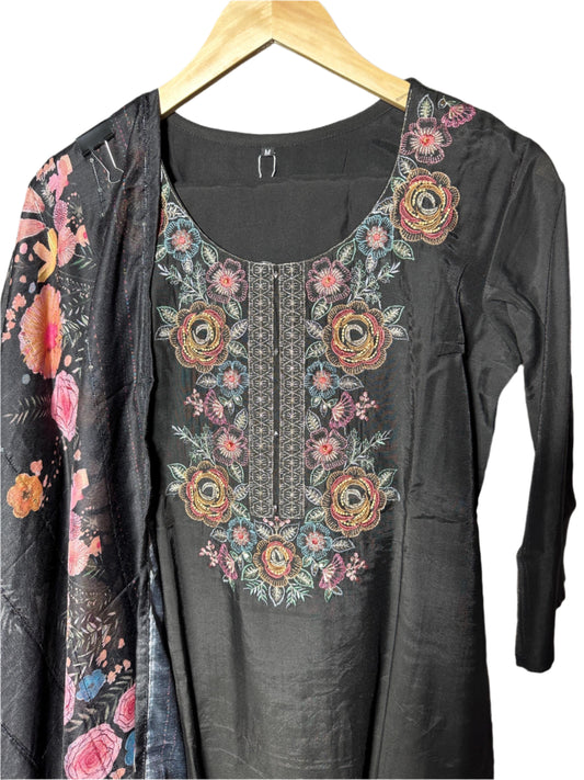 Elegant Black Dola Silk Suit with Rose Embroidery Digital Dupatta Premium Party Wear