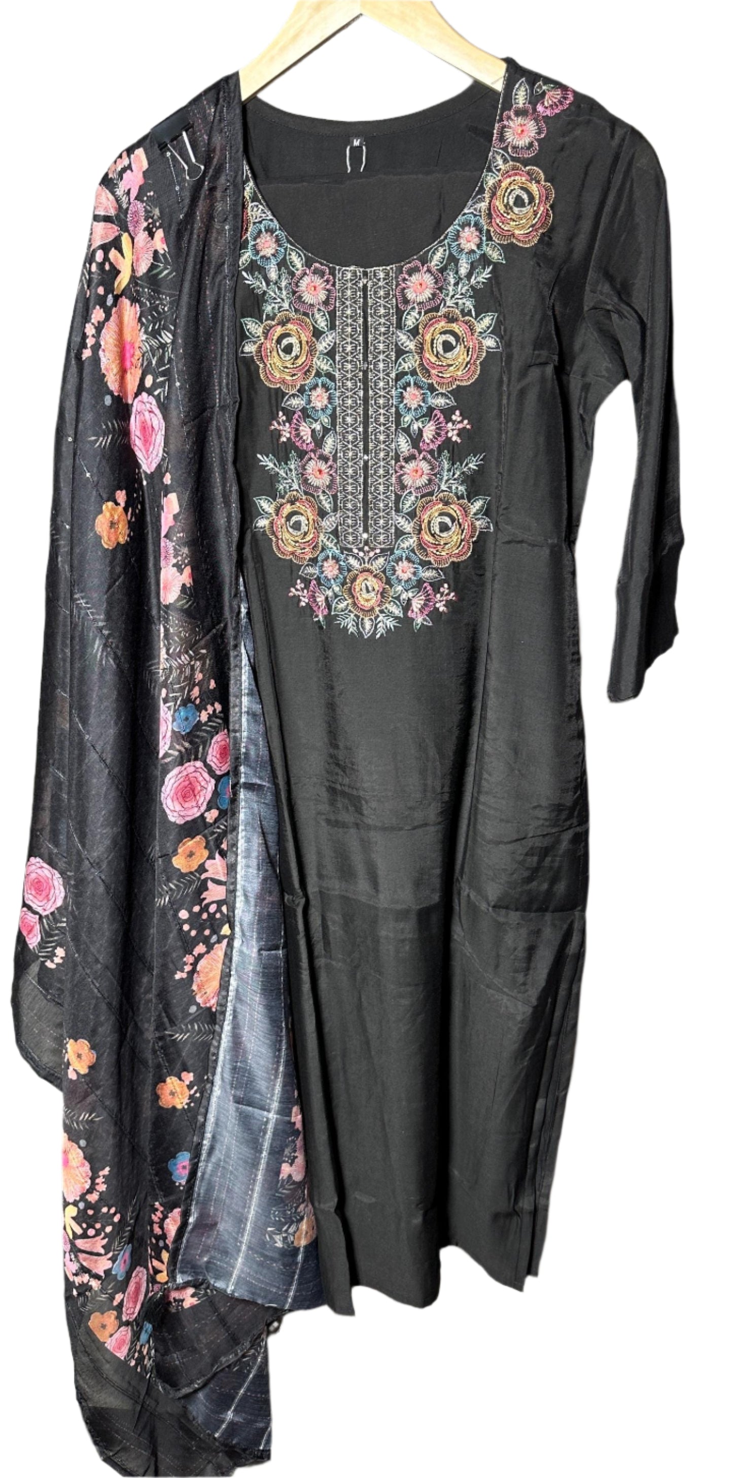 Elegant Black Dola Silk Suit with Rose Embroidery Digital Dupatta Premium Party Wear