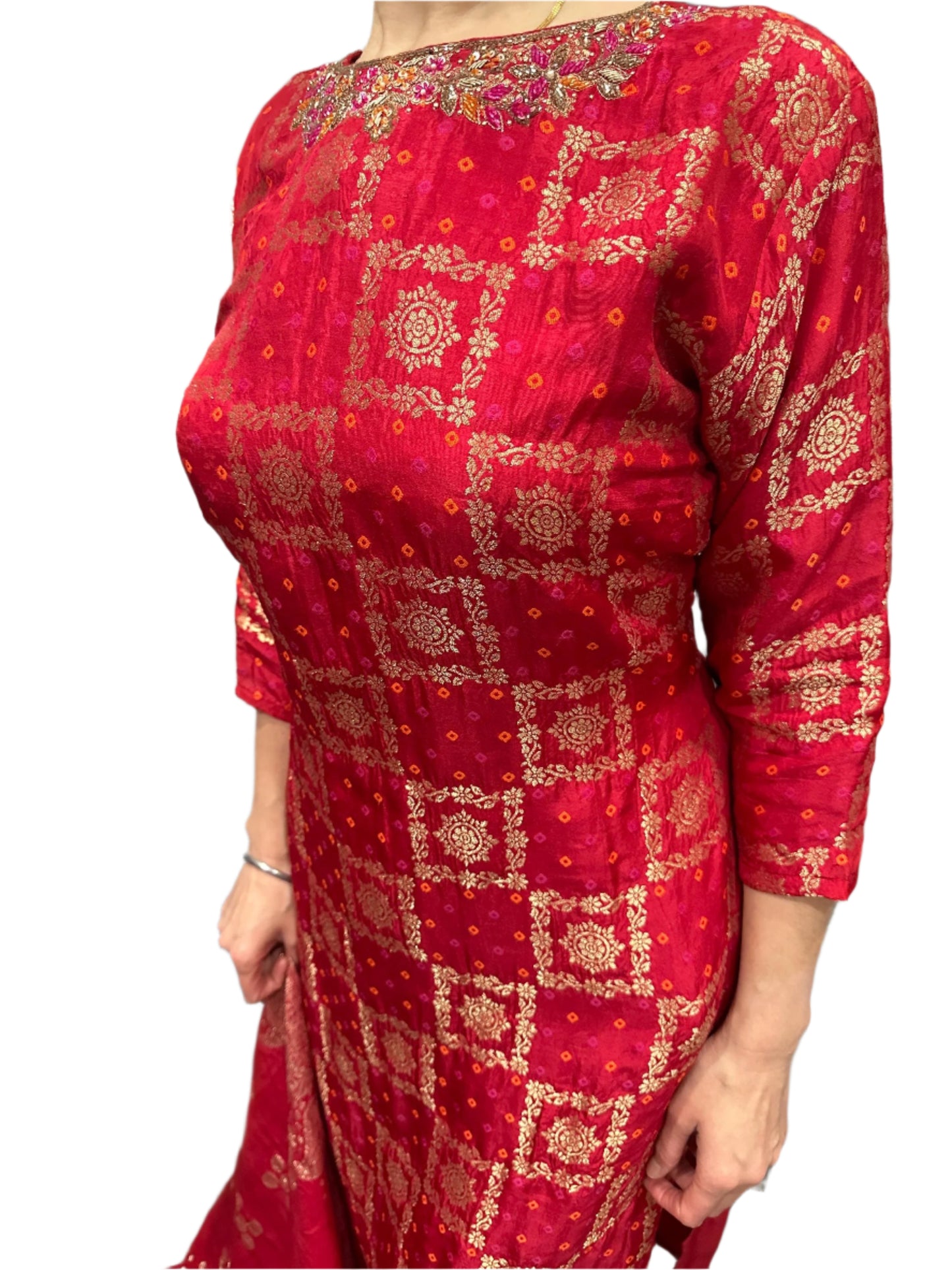 Party Wear Red Jacquard Suit with Hand Embroidery Jacquard Dupatta