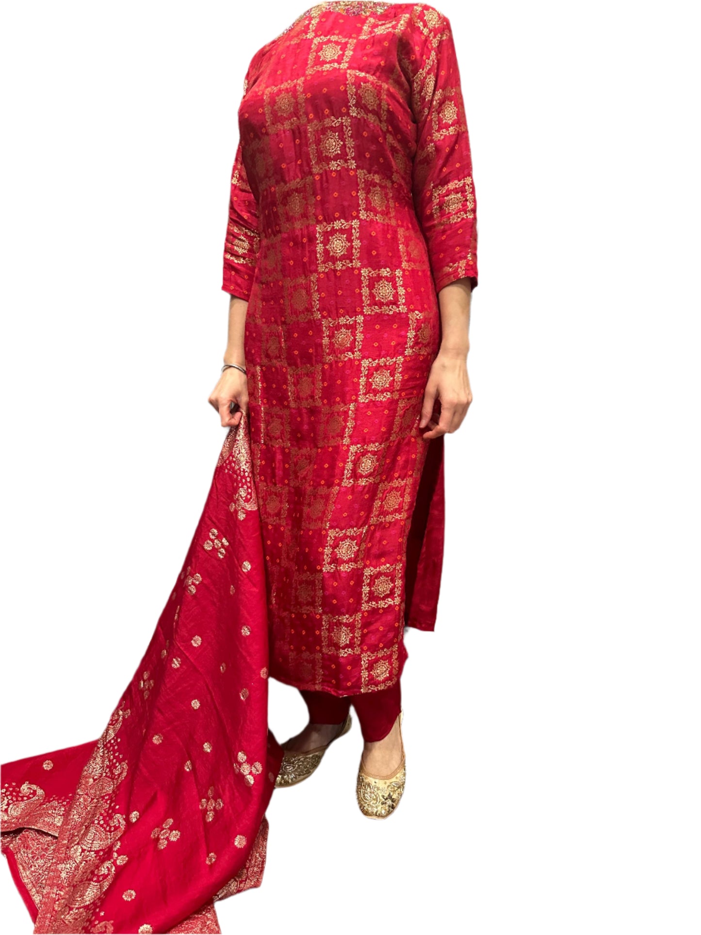 Party Wear Red Jacquard Suit with Hand Embroidery Jacquard Dupatta