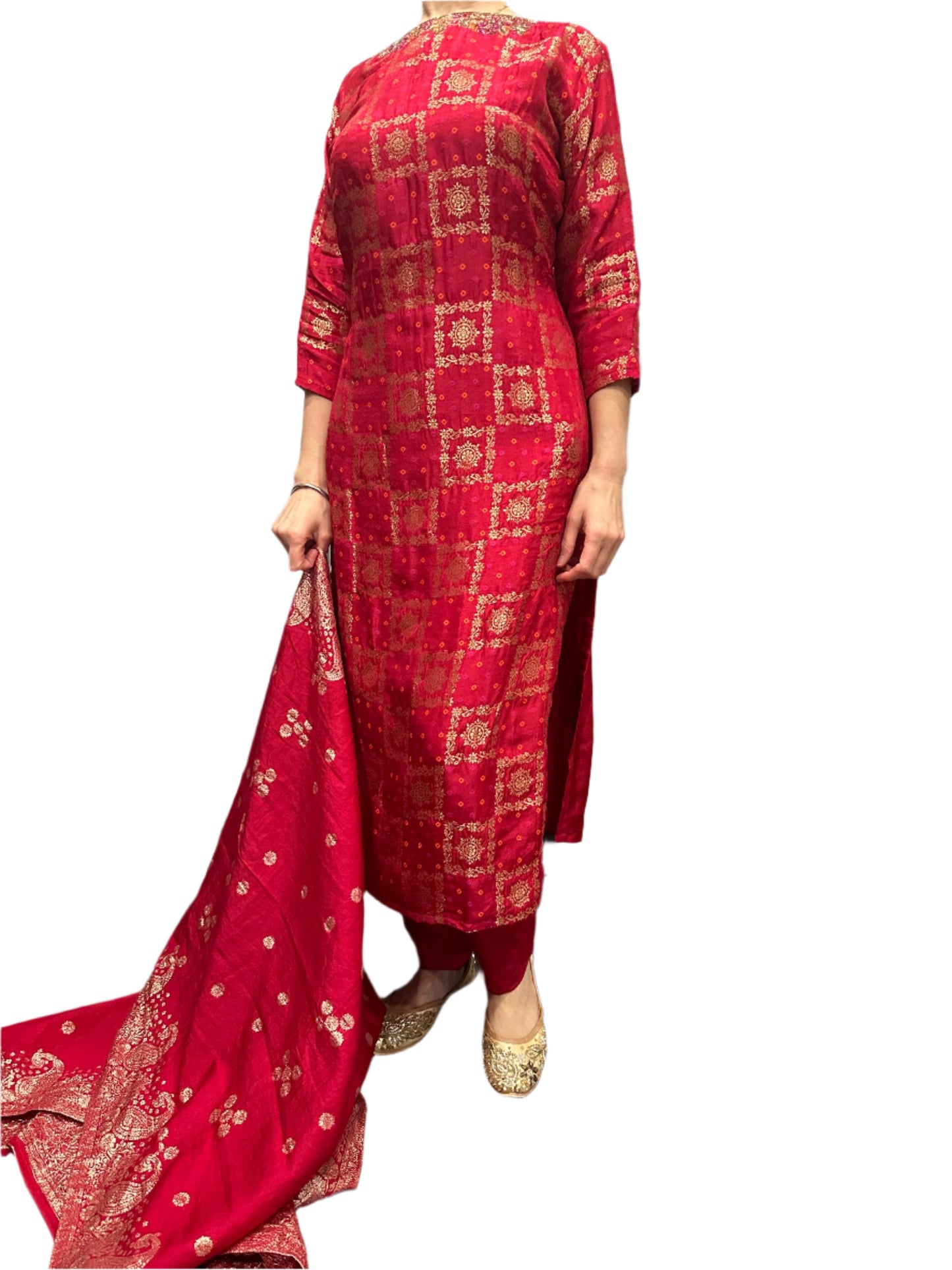 Party Wear Red Jacquard Suit with Hand Embroidery Jacquard Dupatta