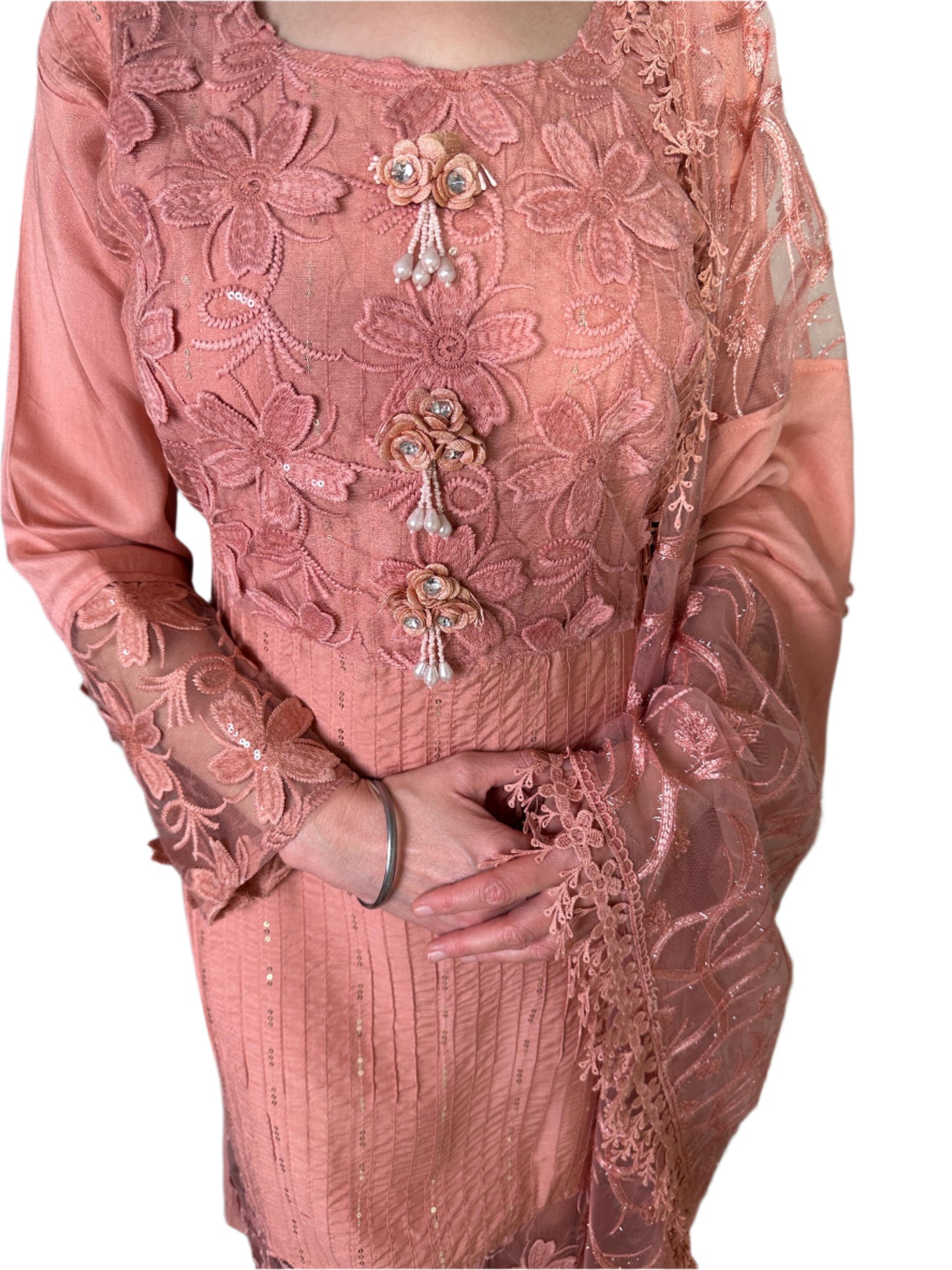 Peach Designer Suit with Palazzo  Floral Dupatta – Elegant party wear suit