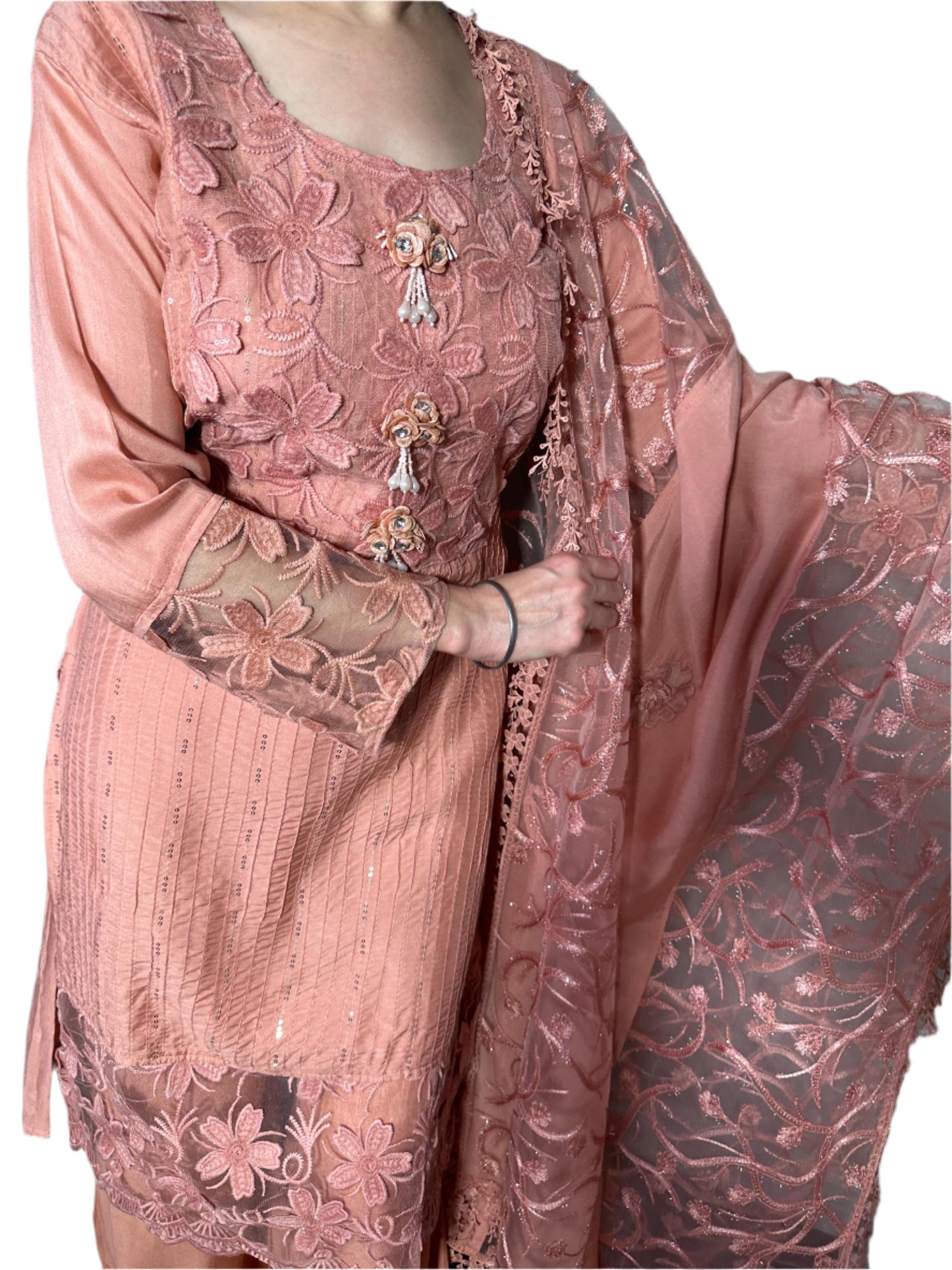 Peach Designer Suit with Palazzo  Floral Dupatta – Elegant party wear suit