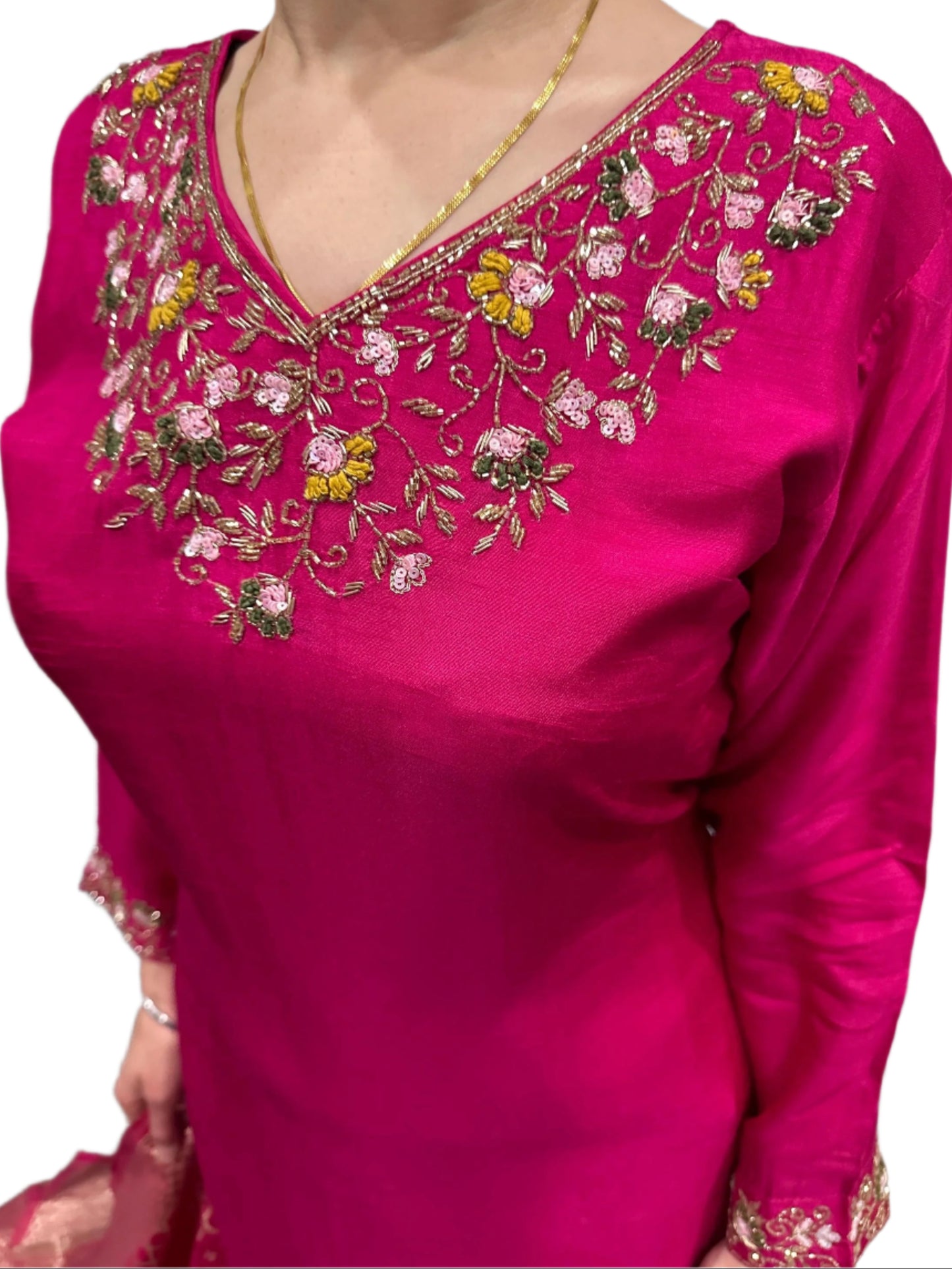 Hot Pink Dola Silk Suit with Hand Embroidery Jacquard Dupatta Elegant Party Wear