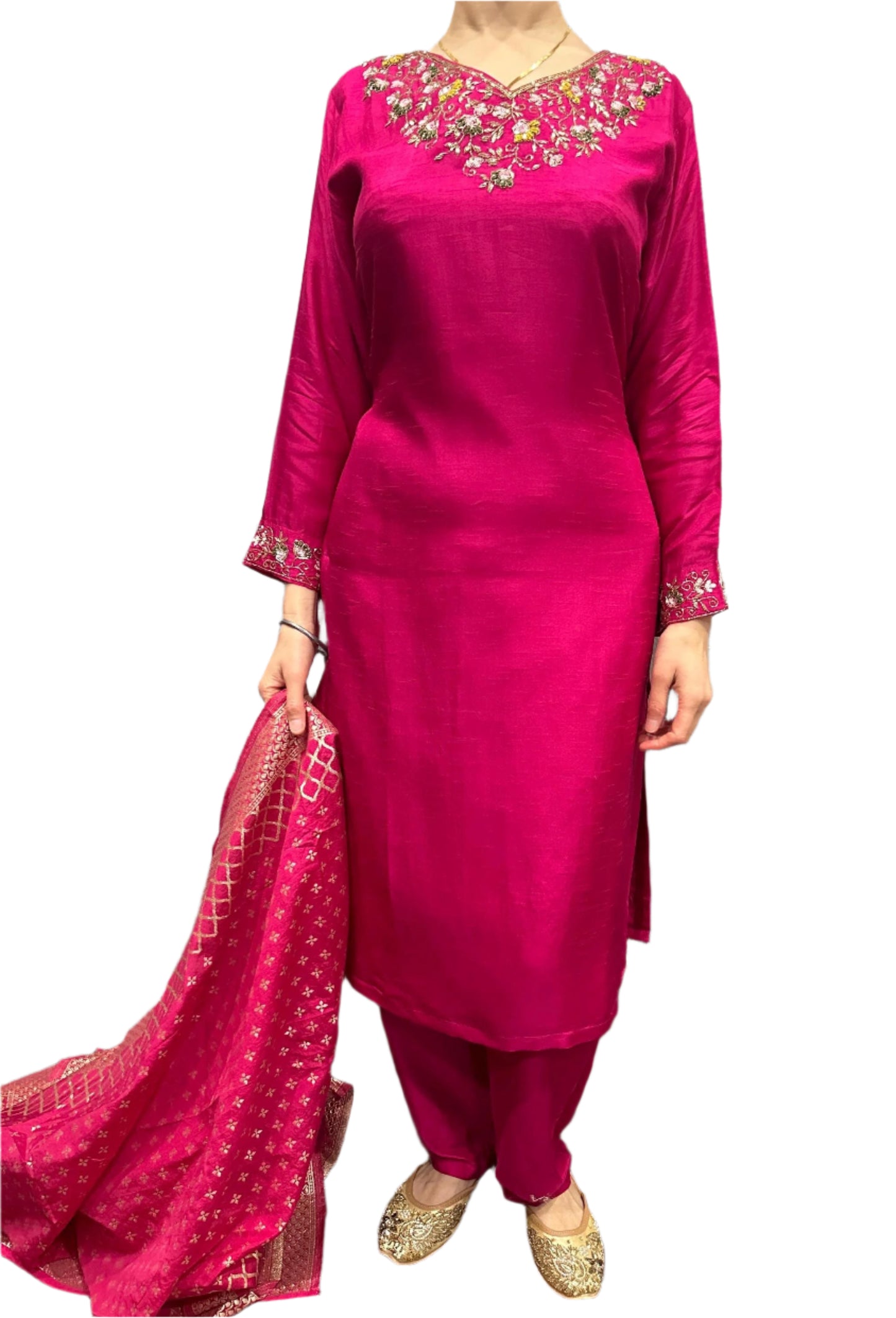 Hot Pink Dola Silk Suit with Hand Embroidery Jacquard Dupatta Elegant Party Wear