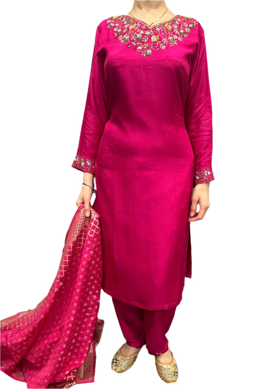 Hot Pink Dola Silk Suit with Hand Embroidery Jacquard Dupatta Elegant Party Wear