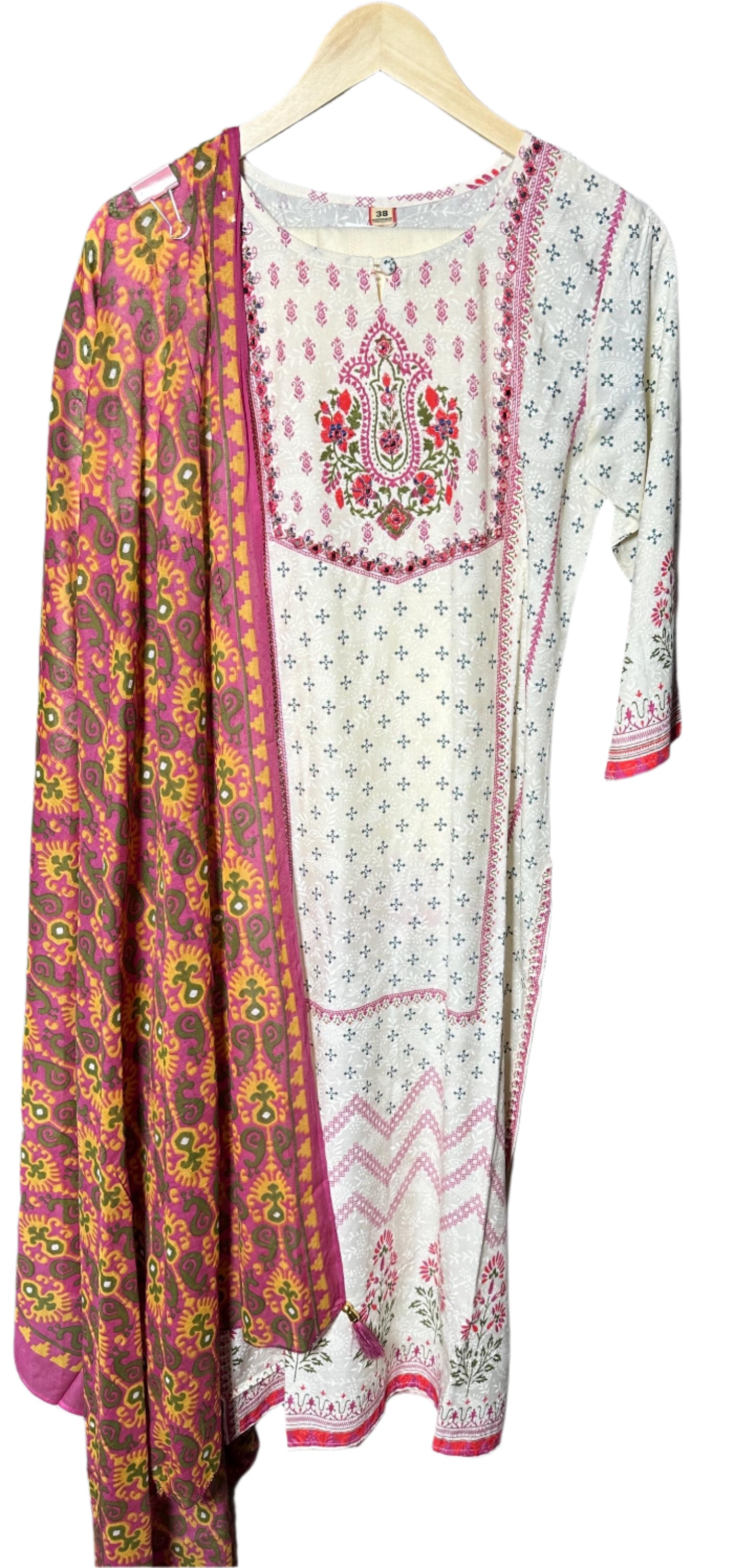 Self-Print Cream Suit with Designer Pants Digital Print Dupatta Elegant Thread Mirror Work