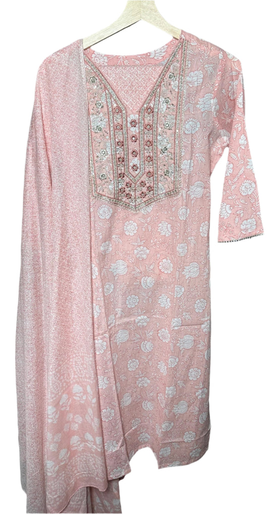Peach Cotton Suit with Floral Pattern Digital Print Dupatta Elegant Sequin Thread Work