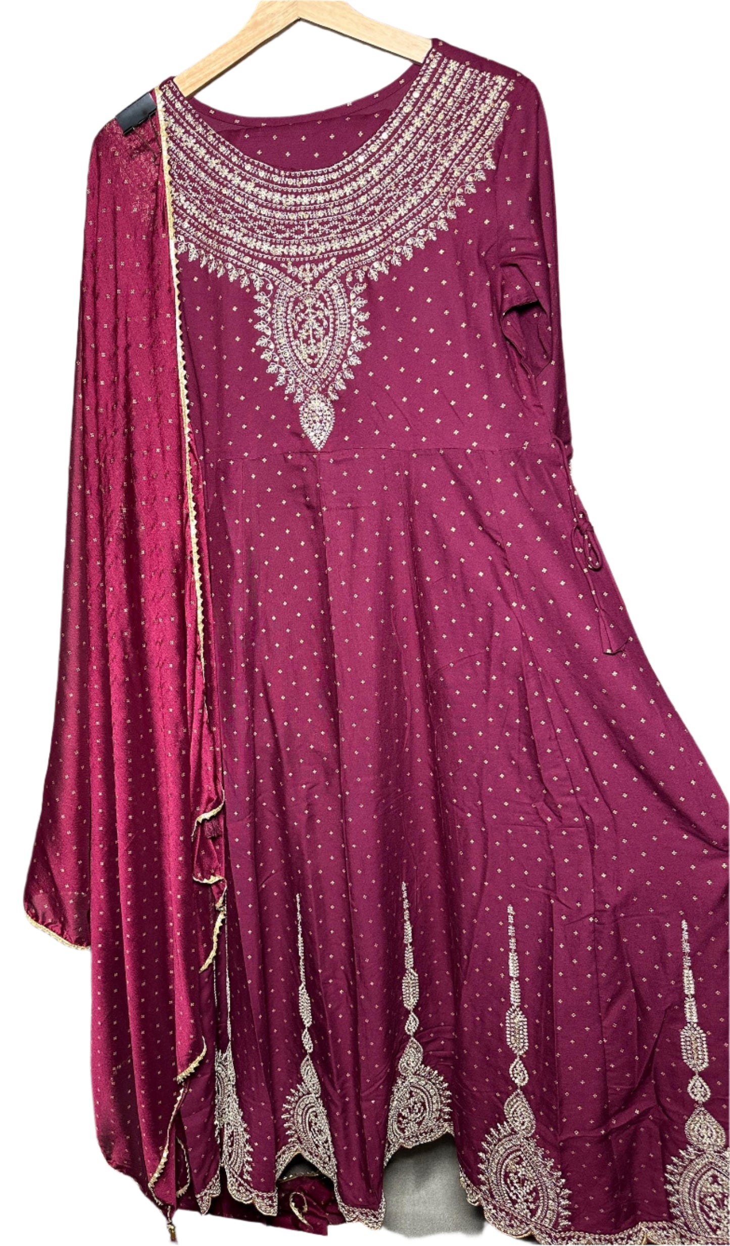 Party Wear Maroon Anarkali Suit with Jhari  Sequin Work Elegant Lace  Tassel Dupatta