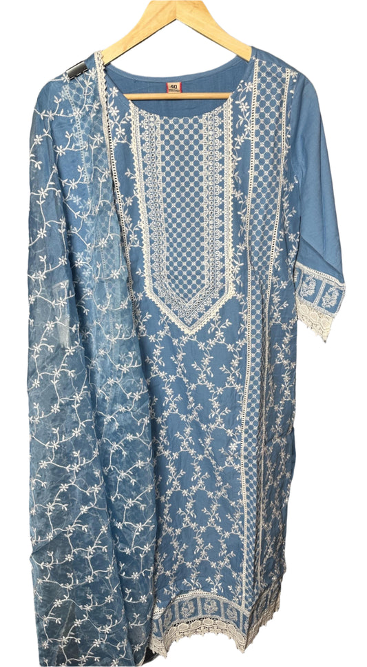 Blue Cotton Suit with All Over Embroidery Organza Dupatta Elegant Designer Wear