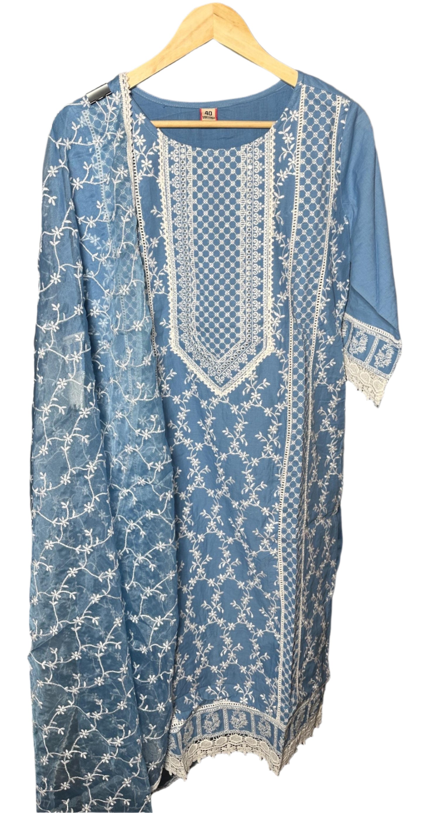 Blue Cotton Suit with All Over Embroidery Organza Dupatta Elegant Designer Wear