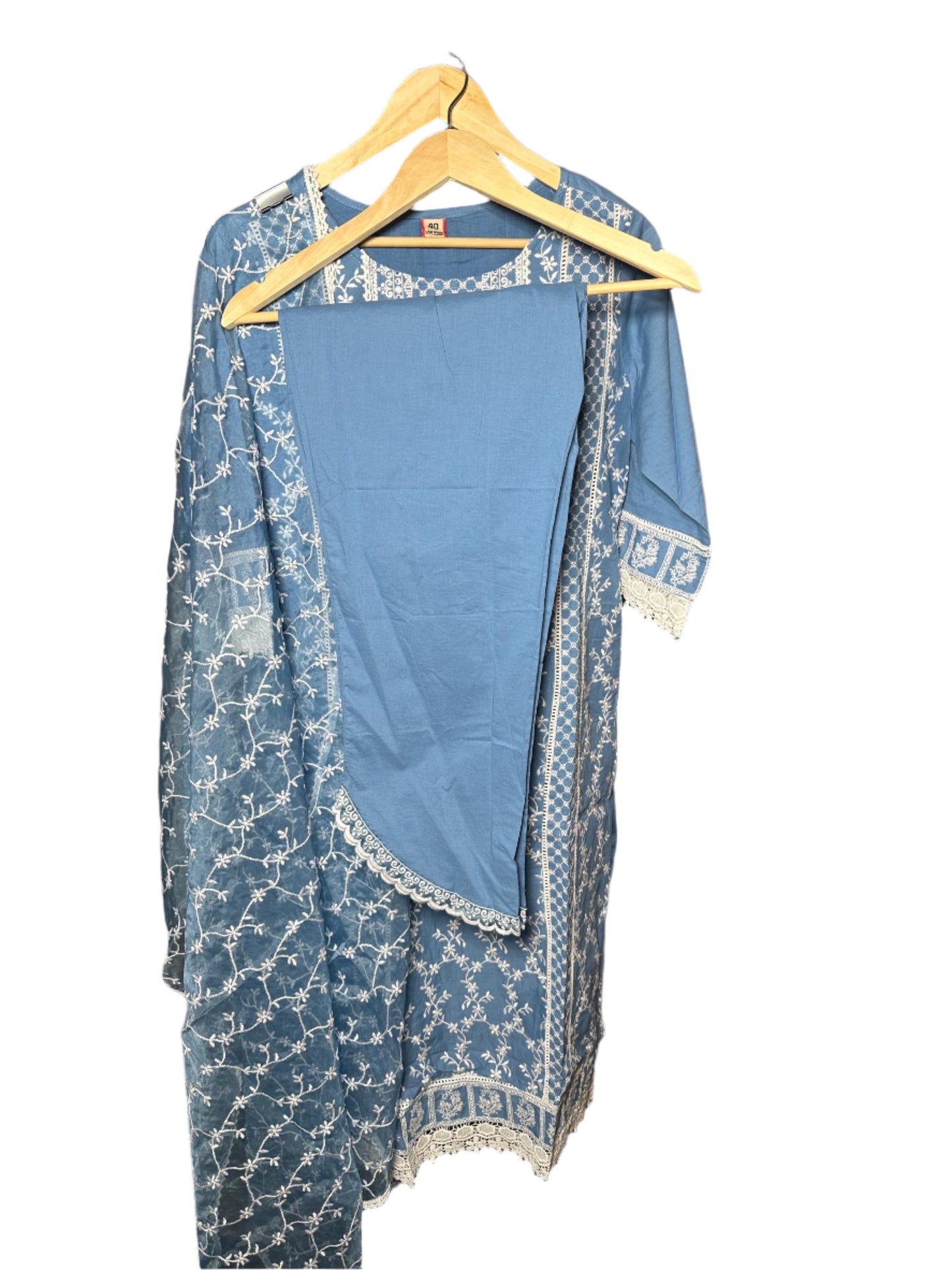 Blue Cotton Suit with All Over Embroidery Organza Dupatta Elegant Designer Wear