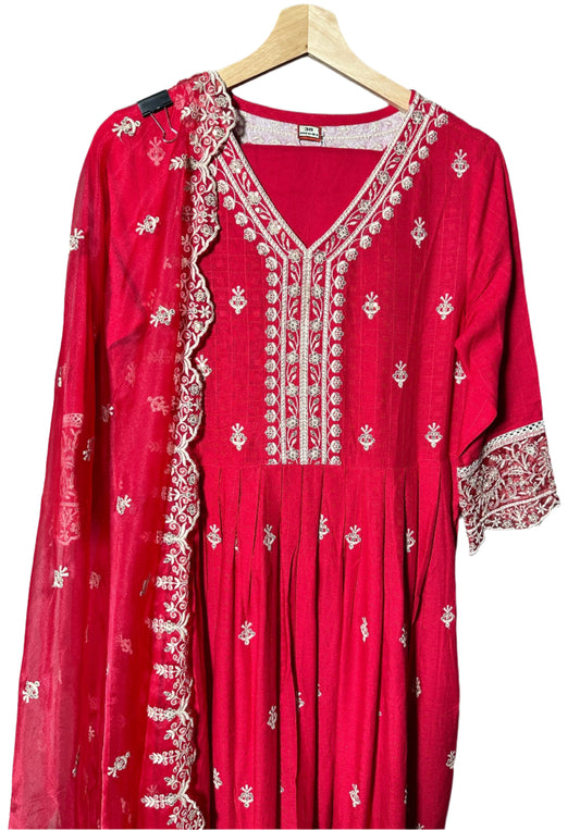 Elegant Red Anarkali Suit with Designer Pants Weaved Organza Dupatta – Embroidered with Sequin Work