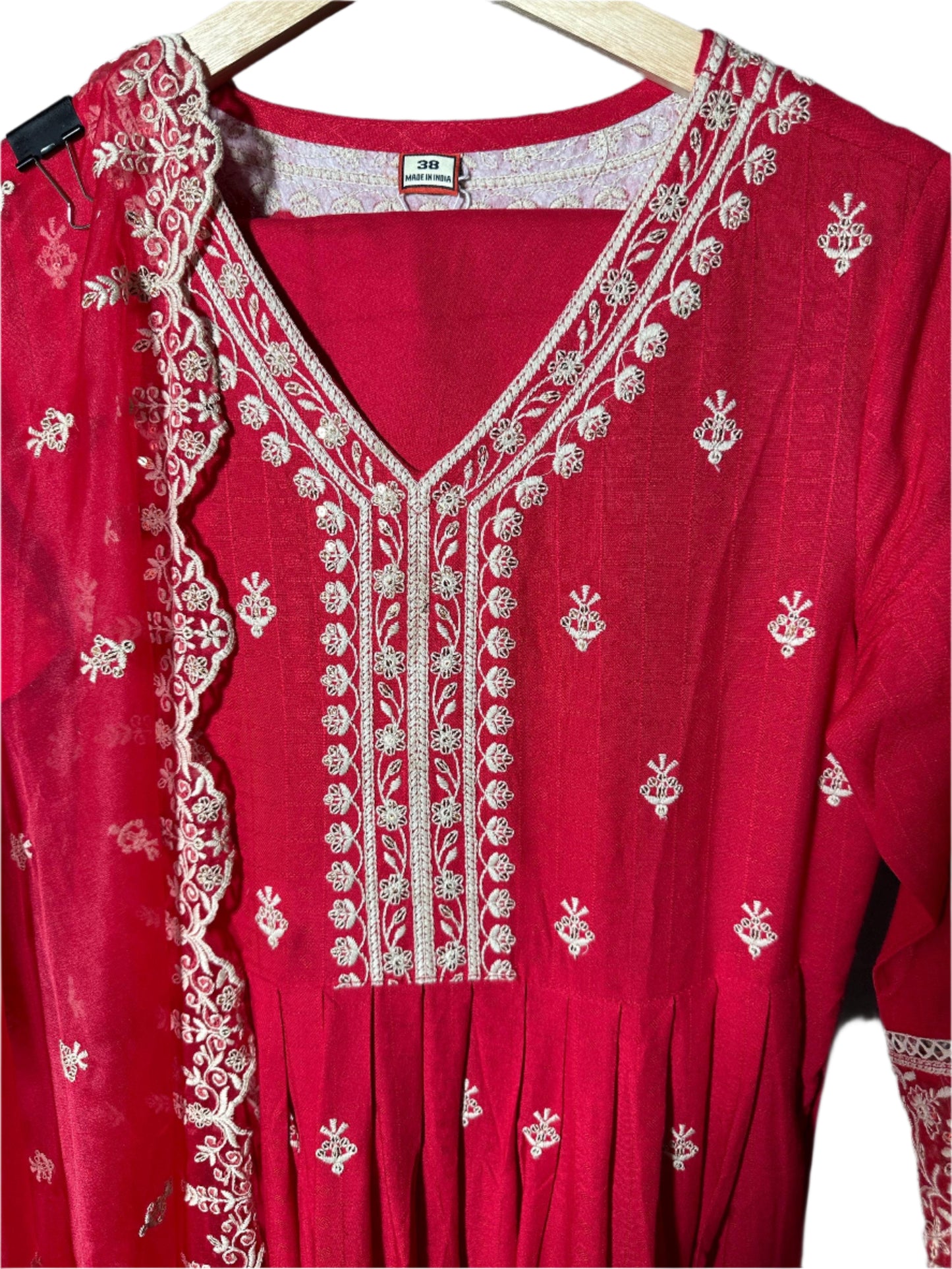 Elegant Red Anarkali Suit with Designer Pants Weaved Organza Dupatta – Embroidered with Sequin Work