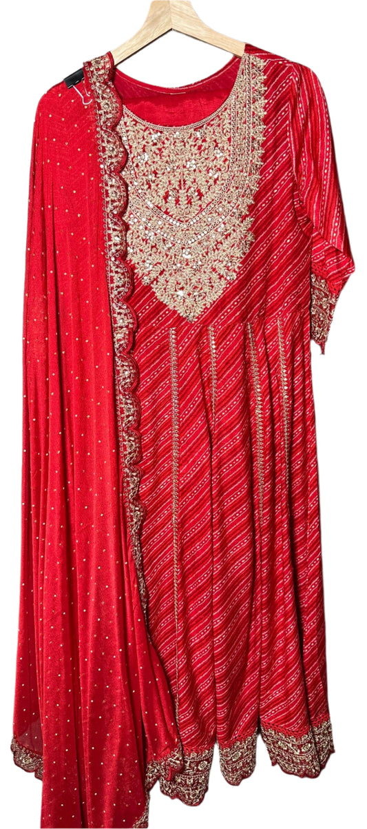 Red Bandhani Style Anarkali Suit with Designer Pants Embroidered Dupatta Elegant Party Wear