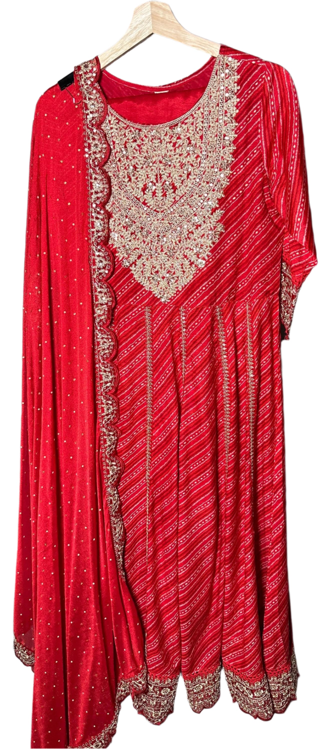 Red Bandhani Style Anarkali Suit with Designer Pants Embroidered Dupatta Elegant Party Wear