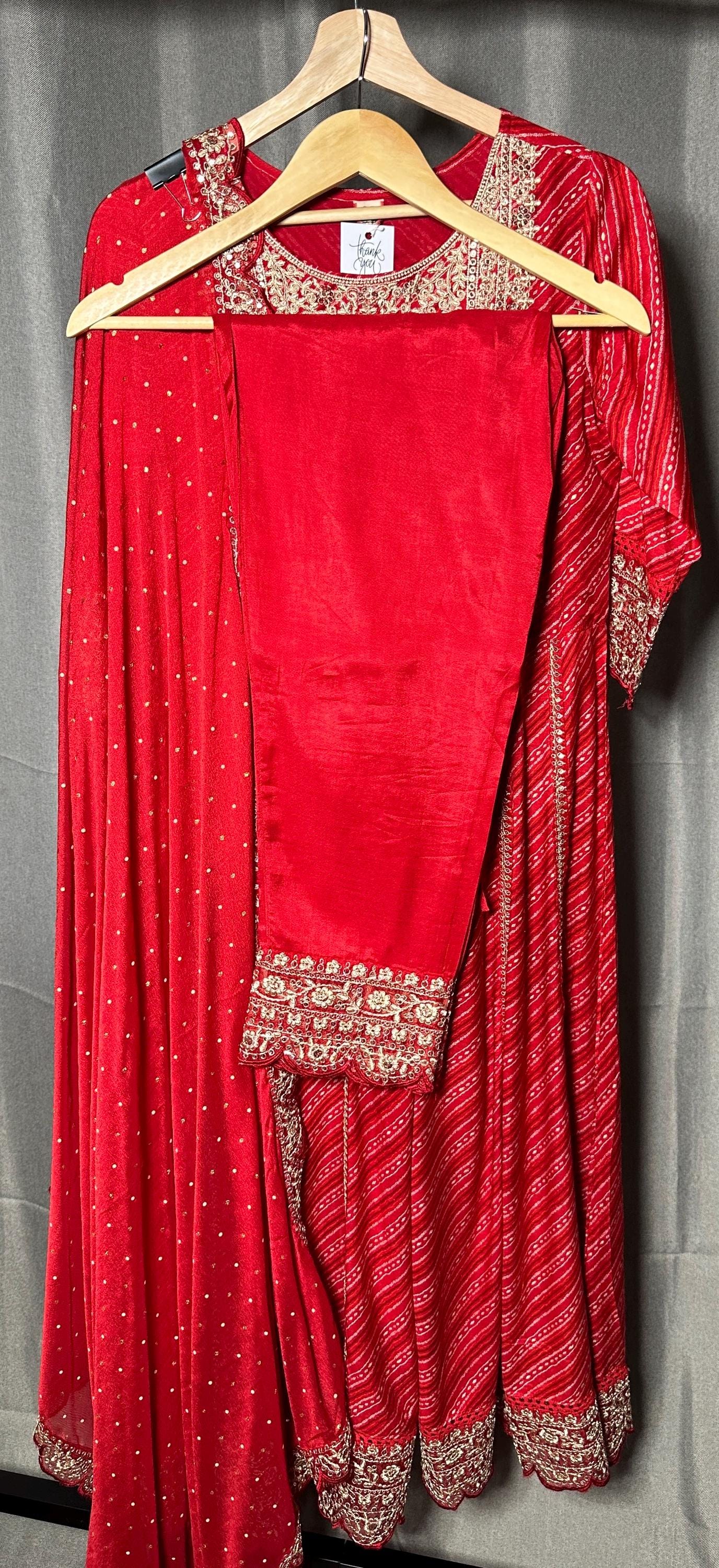 Red Bandhani Style Anarkali Suit with Designer Pants Embroidered Dupatta Elegant Party Wear