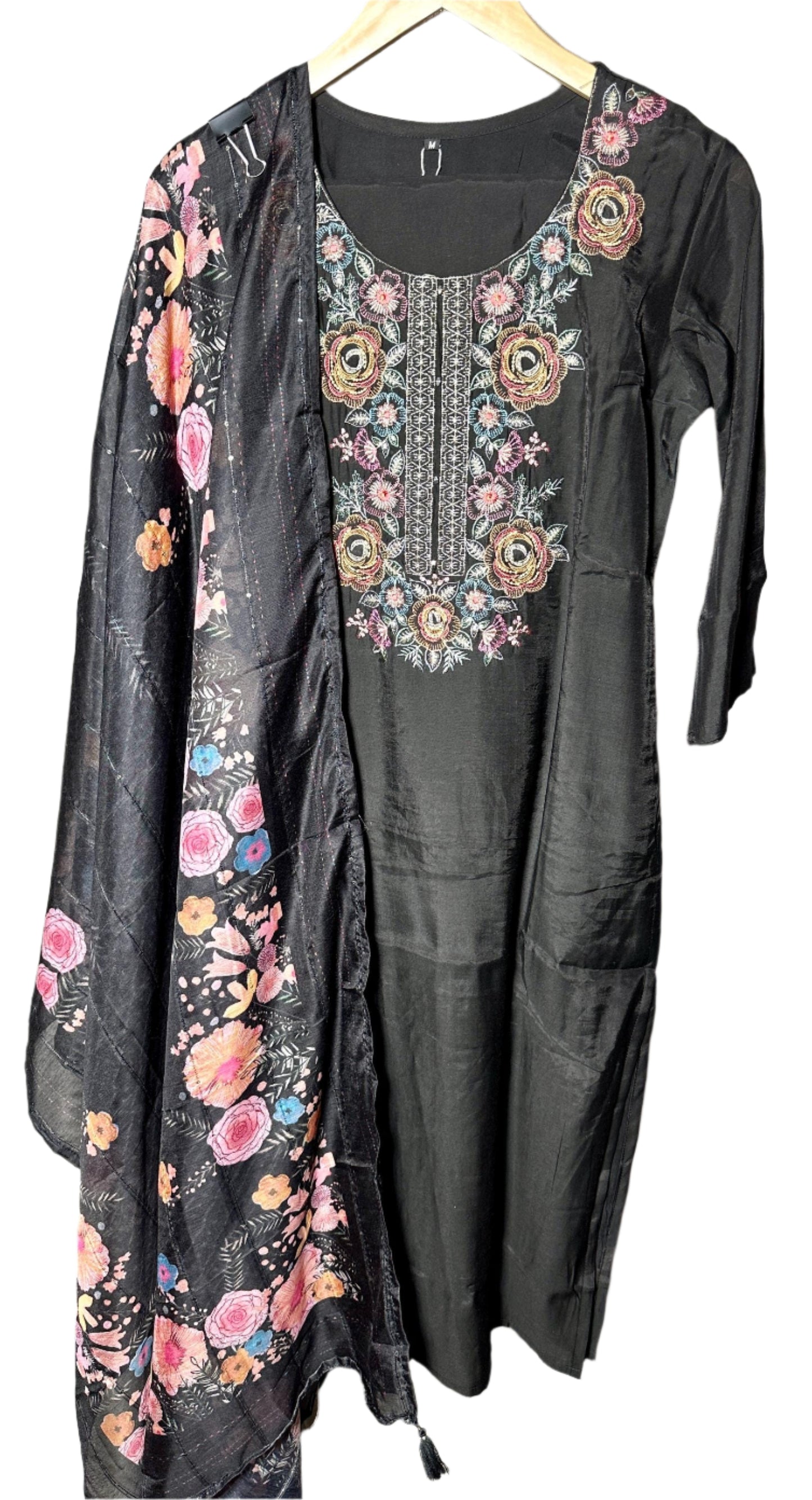 Elegant Black Dola Silk Suit with Rose Embroidery Digital Dupatta Premium Party Wear