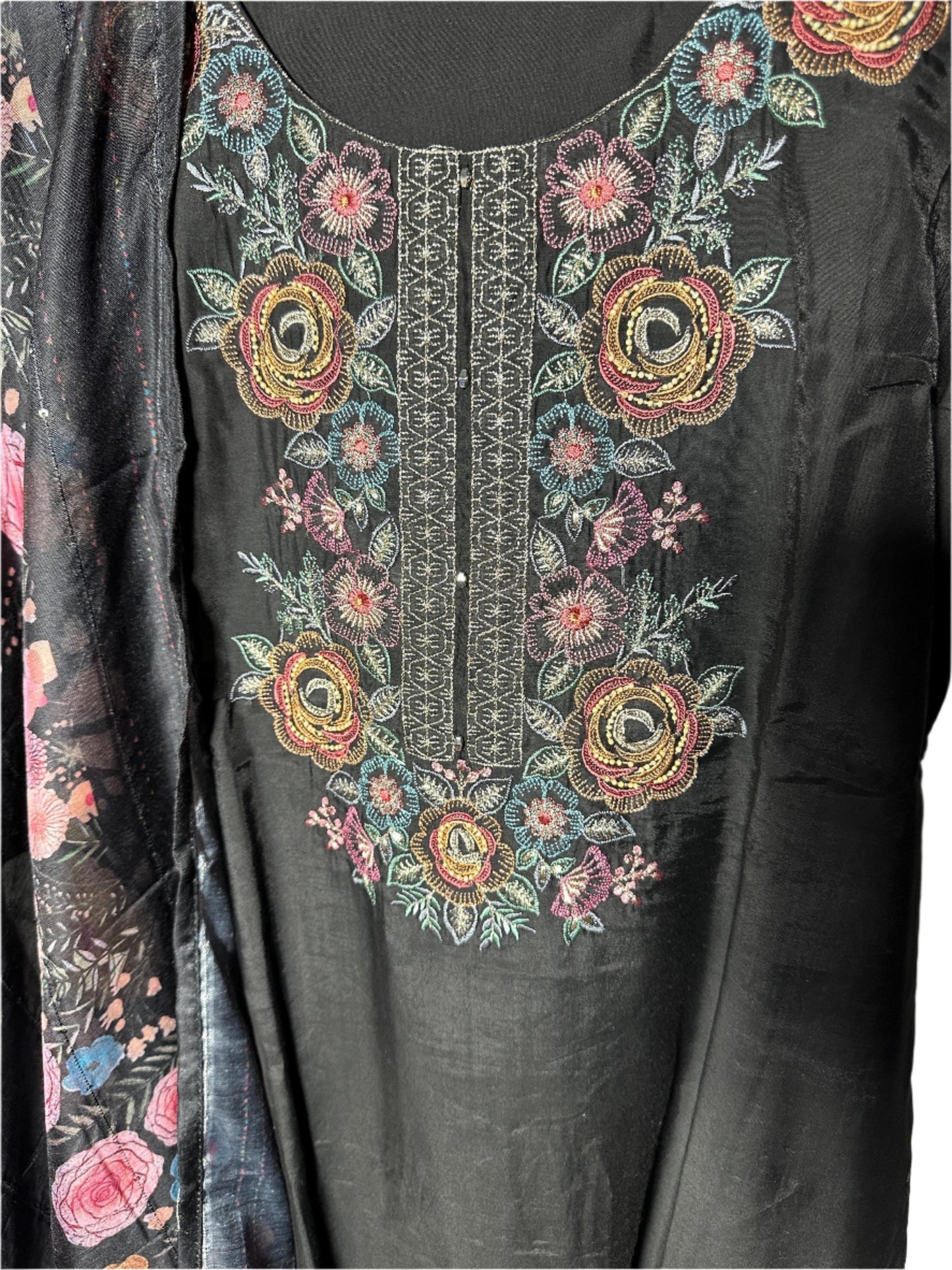 Elegant Black Dola Silk Suit with Rose Embroidery Digital Dupatta Premium Party Wear