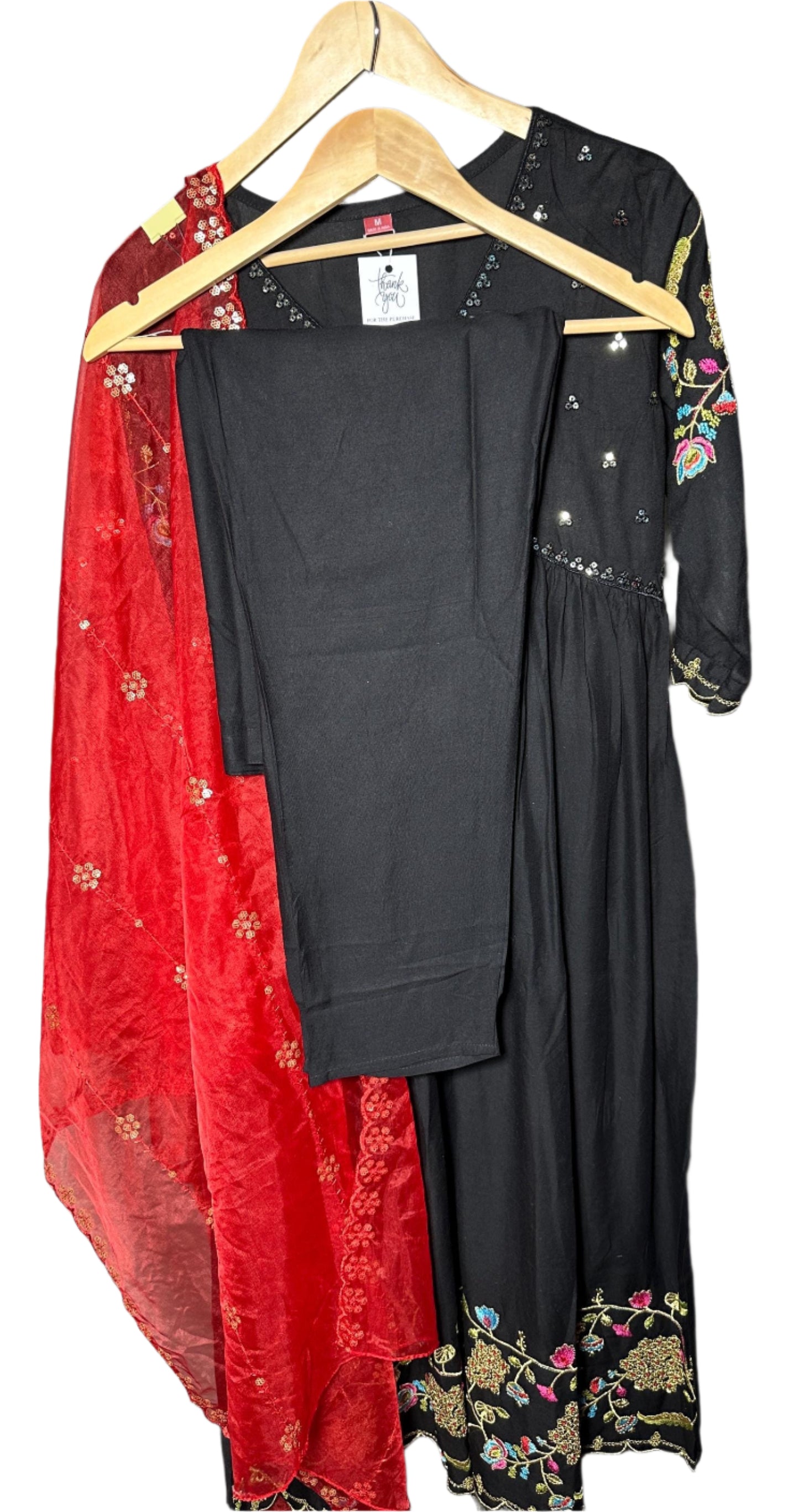Black Anarkali Suit with Sequin Work Red Organza Dupatta – Elegant Party Wear