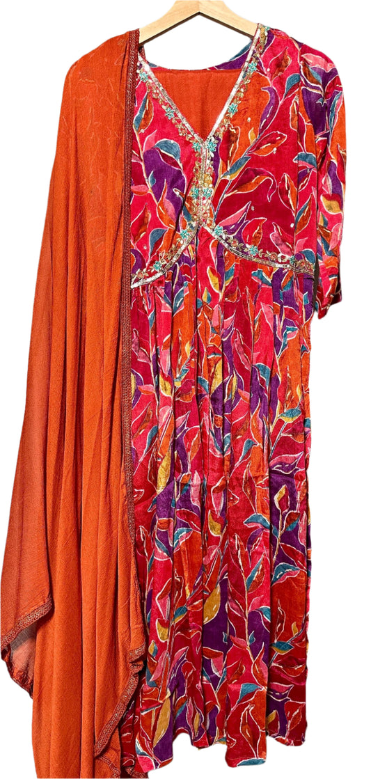 Rust Chiffon Nyra Cut Suit with Hand Embroidery Dupatta Elegant Party Wear