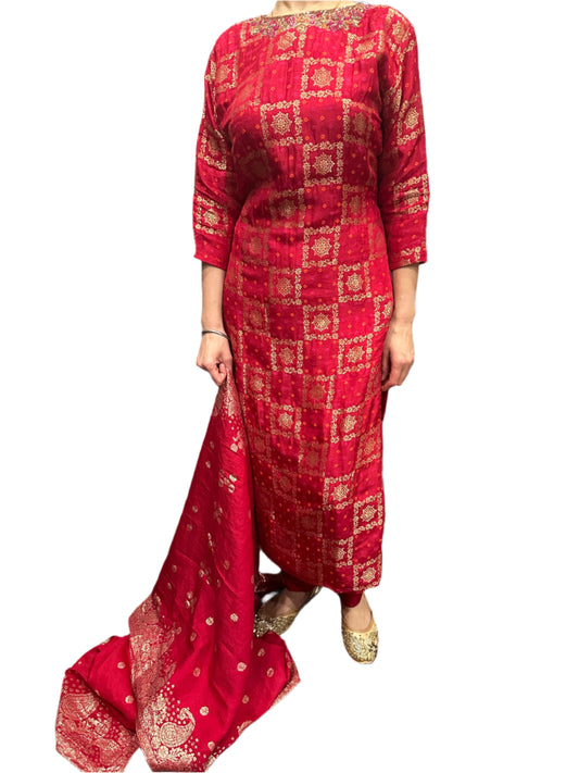 Party Wear Red Jacquard Suit with Hand Embroidery Jacquard Dupatta