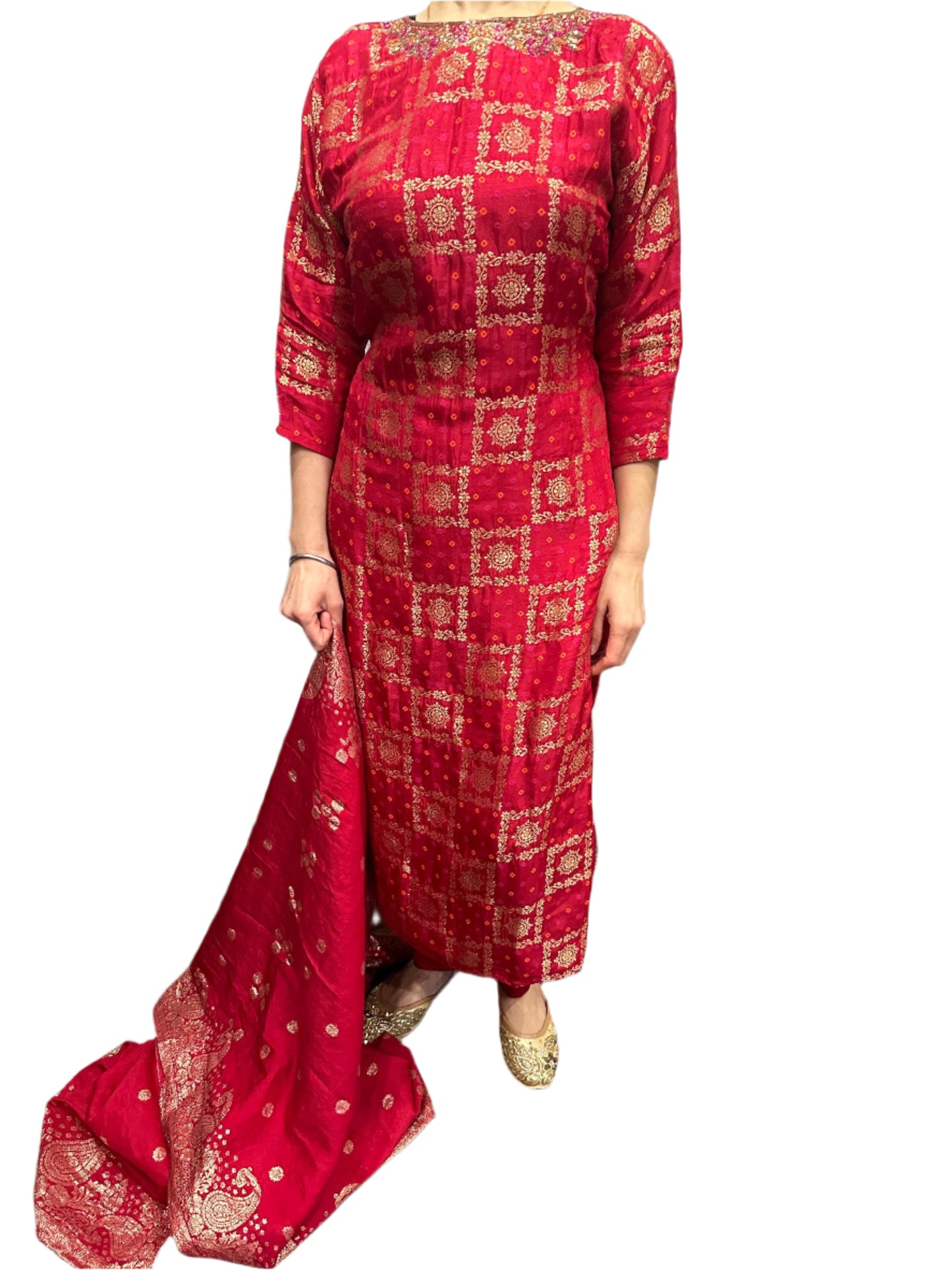 Party Wear Red Jacquard Suit with Hand Embroidery Jacquard Dupatta