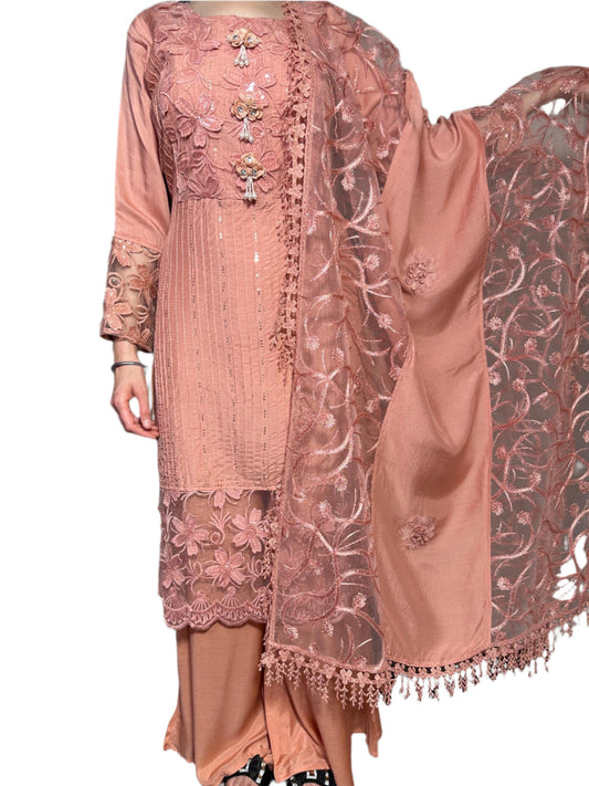 Peach Designer Suit with Palazzo  Floral Dupatta – Elegant party wear suit