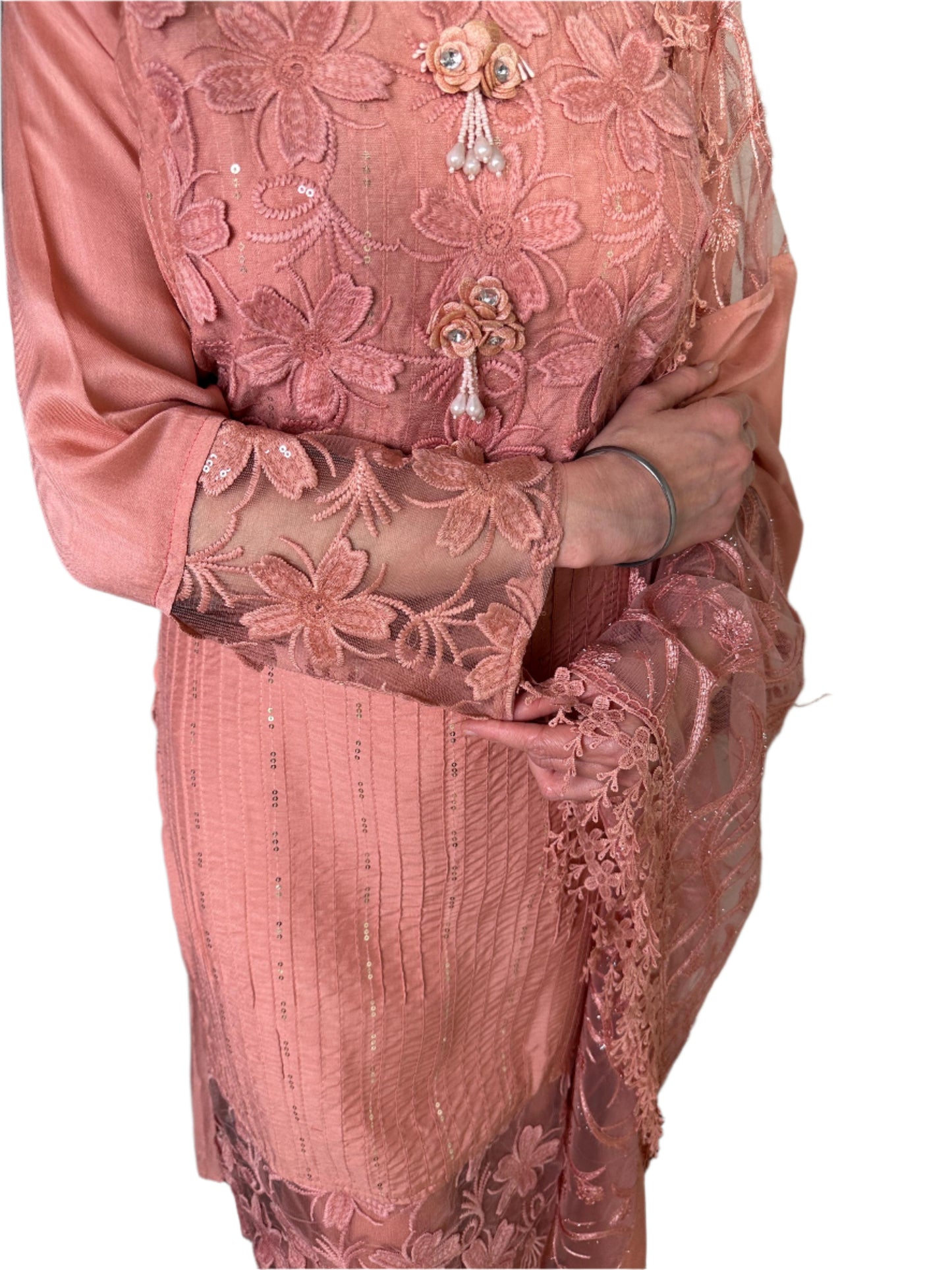 Peach Designer Suit with Palazzo  Floral Dupatta – Elegant party wear suit