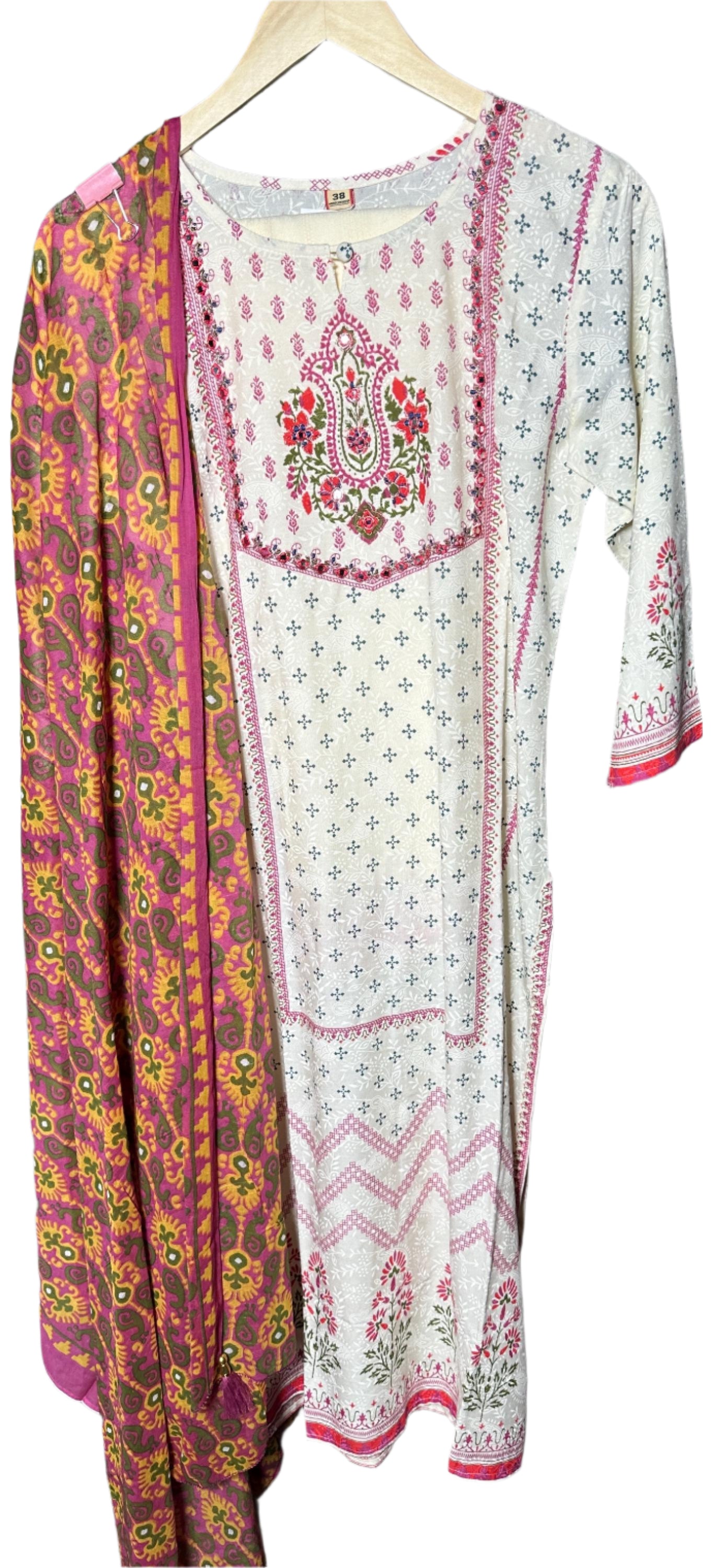 Self-Print Cream Suit with Designer Pants Digital Print Dupatta Elegant Thread Mirror Work