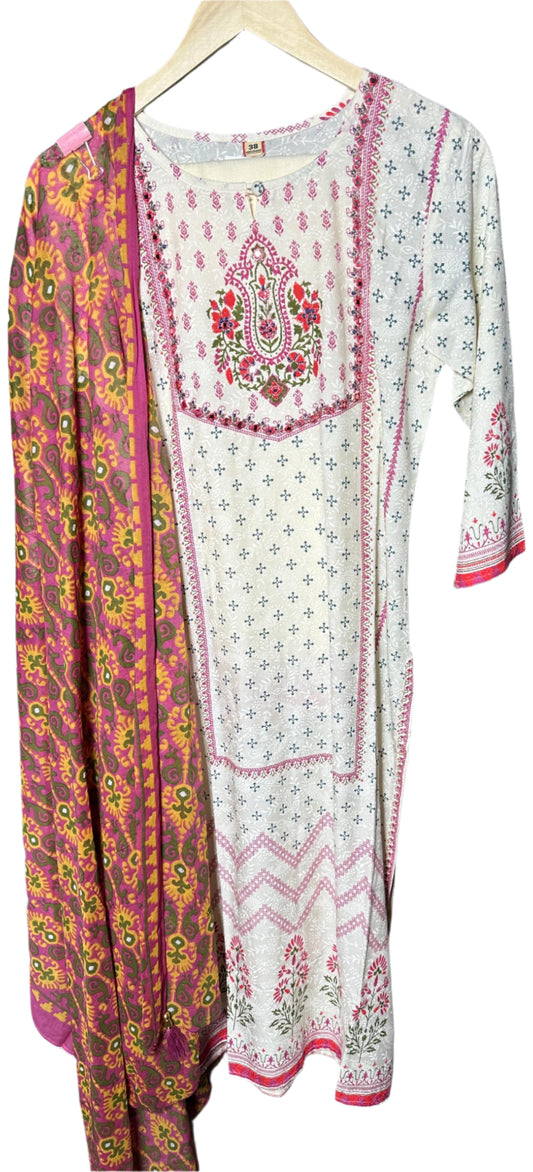 Self-Print Cream Suit with Designer Pants Digital Print Dupatta Elegant Thread Mirror Work