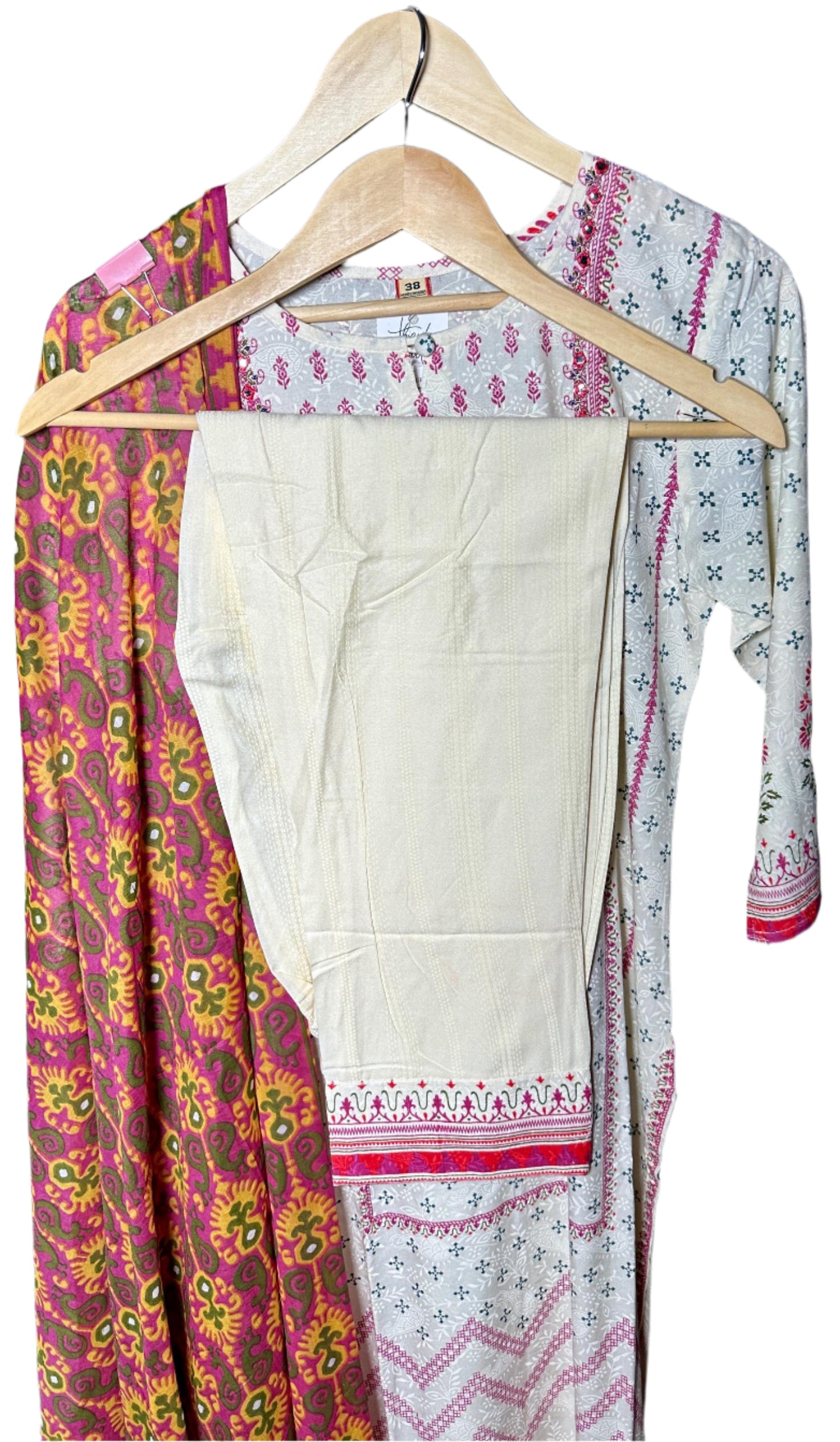 Self-Print Cream Suit with Designer Pants Digital Print Dupatta Elegant Thread Mirror Work