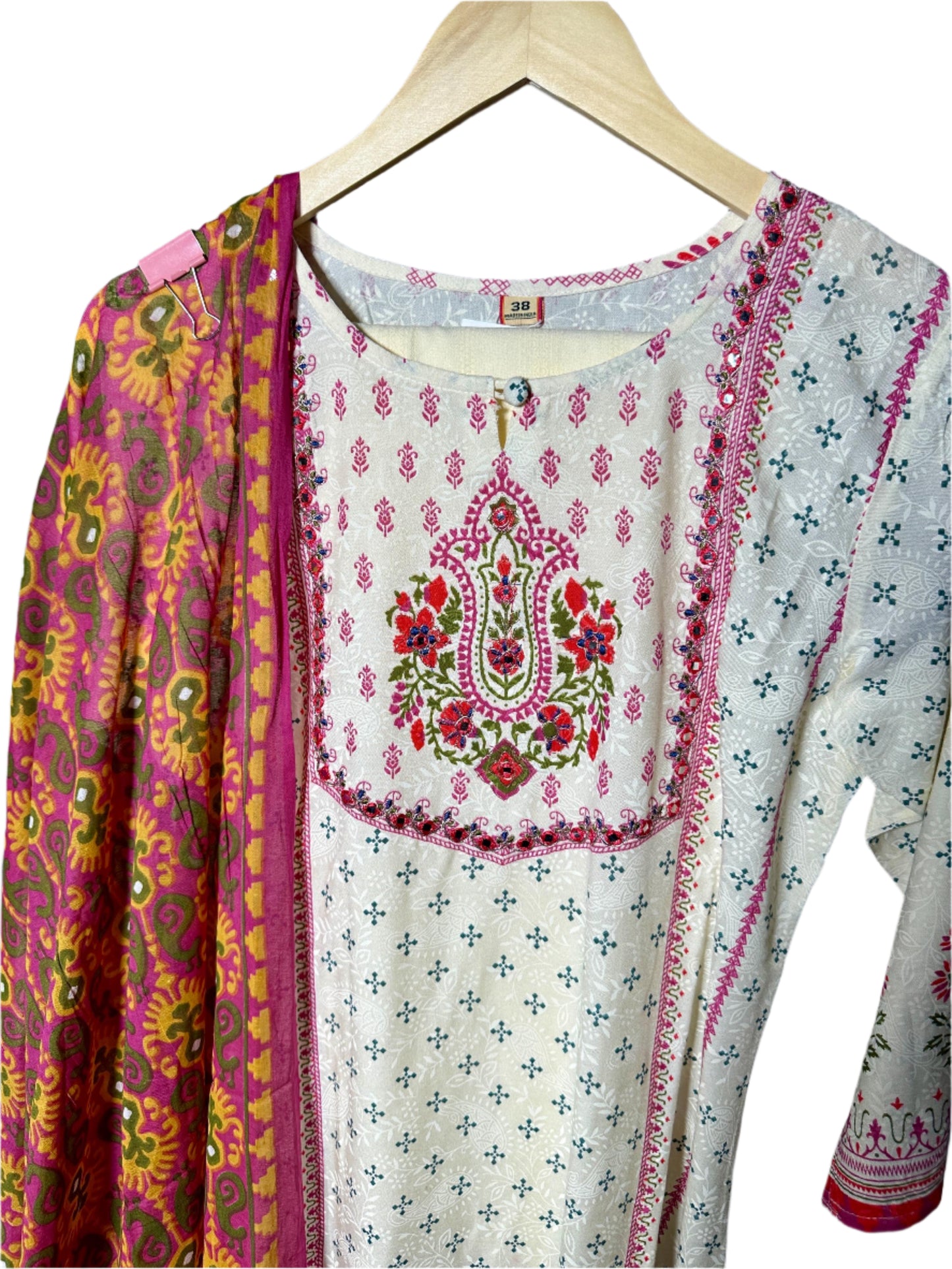 Self-Print Cream Suit with Designer Pants Digital Print Dupatta Elegant Thread Mirror Work